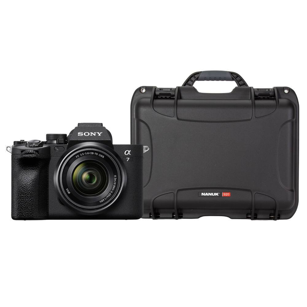 A Sony camera is sitting next to a black Nanuk case. The camera is a 3.5-5.6/20-70 lens, while the case is designed for water protection.