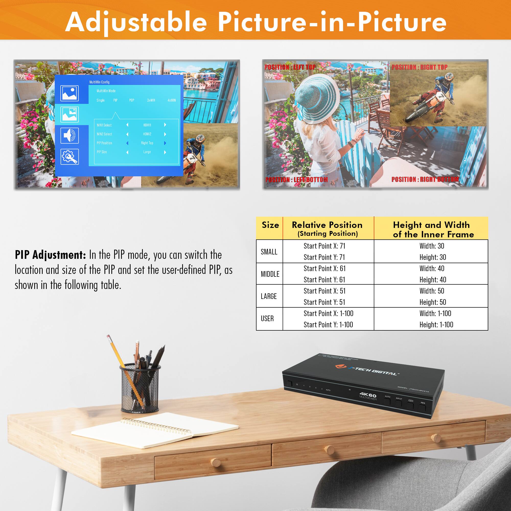 Adjustable Picture-in-Picture
PIP Adjustment: In the PIP mode, you can switch the location and size of the PIP and set the user-defined PIP, as shown in the following table.
| Size | Relative Position (Starting Position) | Height and Width of the Inner Frame |
|------|------------------------------------|----------------------------------|
| SMALL | Start Point X: 71<br>Start Point Y: 71 | Width: 30<br>Height: 30 |
| MIDDLE | Start Point X: 61<br>Start Point Y: 61 | Width: 40<br>Height: 40 |
| LARGE | Start Point X: 51<br>Start Point Y: 51 | Width: 50<br>Height: 50 |
| USER | Start Point X: 1-100<br>Start Point Y: 1-100 | Width: 1-100<br>Height: 1-100 |
POSITION: LEFT TOP
POSITION: RIGHT TOP
POSITION: LEFT BOTTOM
POSITION: RIGHT BOTTOM
TECH DIGITAL
AK60