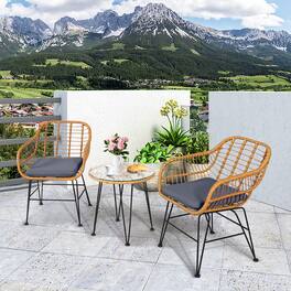 Gymax - 3PCS Rattan Patio Bistro Set Conversation Furniture Set w/ Grey Cushions - Gray