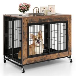 Costway - 38" Heavy-Duty Rolling Dog Kennel on Wheels w/ Chew-Resistant Indoor Pet Furniture Wood Dog House