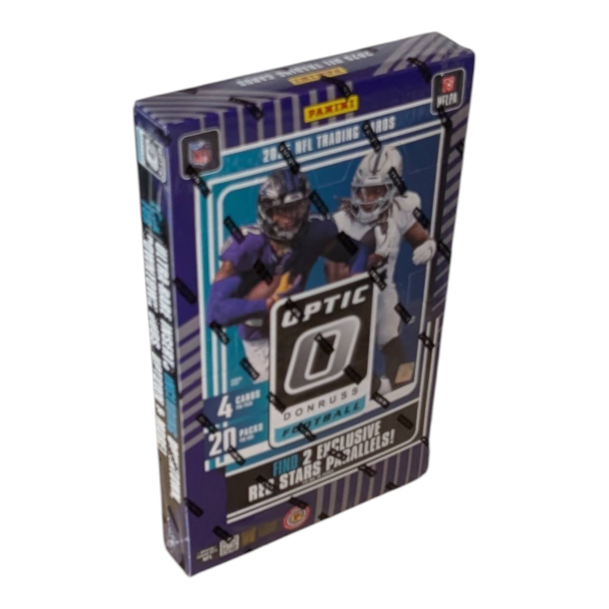 The text on the image reads:

"NFL TRADING CARDS
OPTIC
DONRUSS
2020
4 CARDS
20 PASSER
2 EXCLUSIVE PARALLELS!
FIND THE STARS PARALLELS!
RE-STAR PARALLELS!"