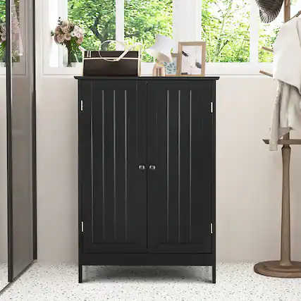 Front. Gymax - Gymax Bathroom Floor Storage Cabinet Double Door Kitchen Cupboard Shoe Cabinet Black - Black.