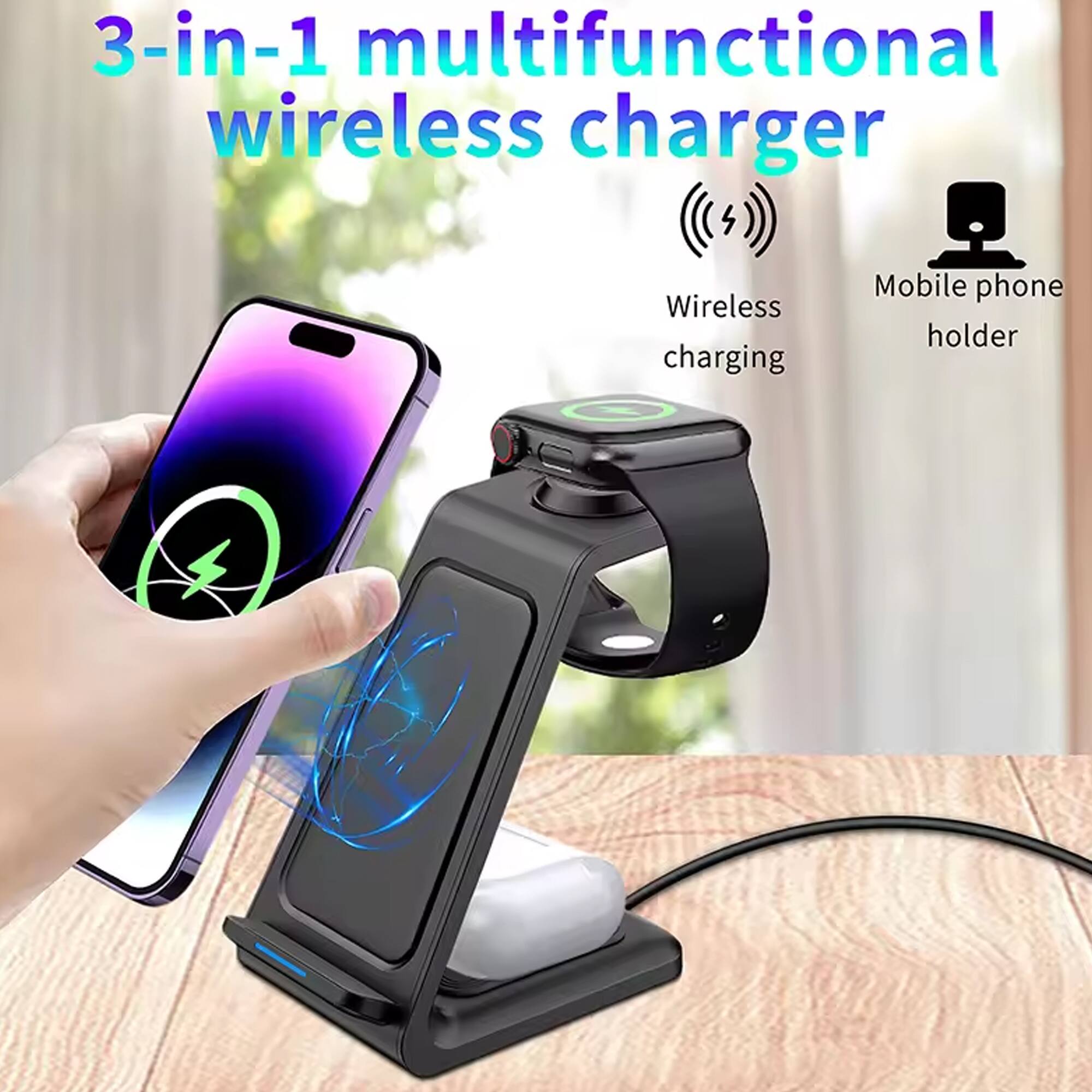 3-in-1 multifunctional wireless charger

- Wireless charging
- Mobile phone holder