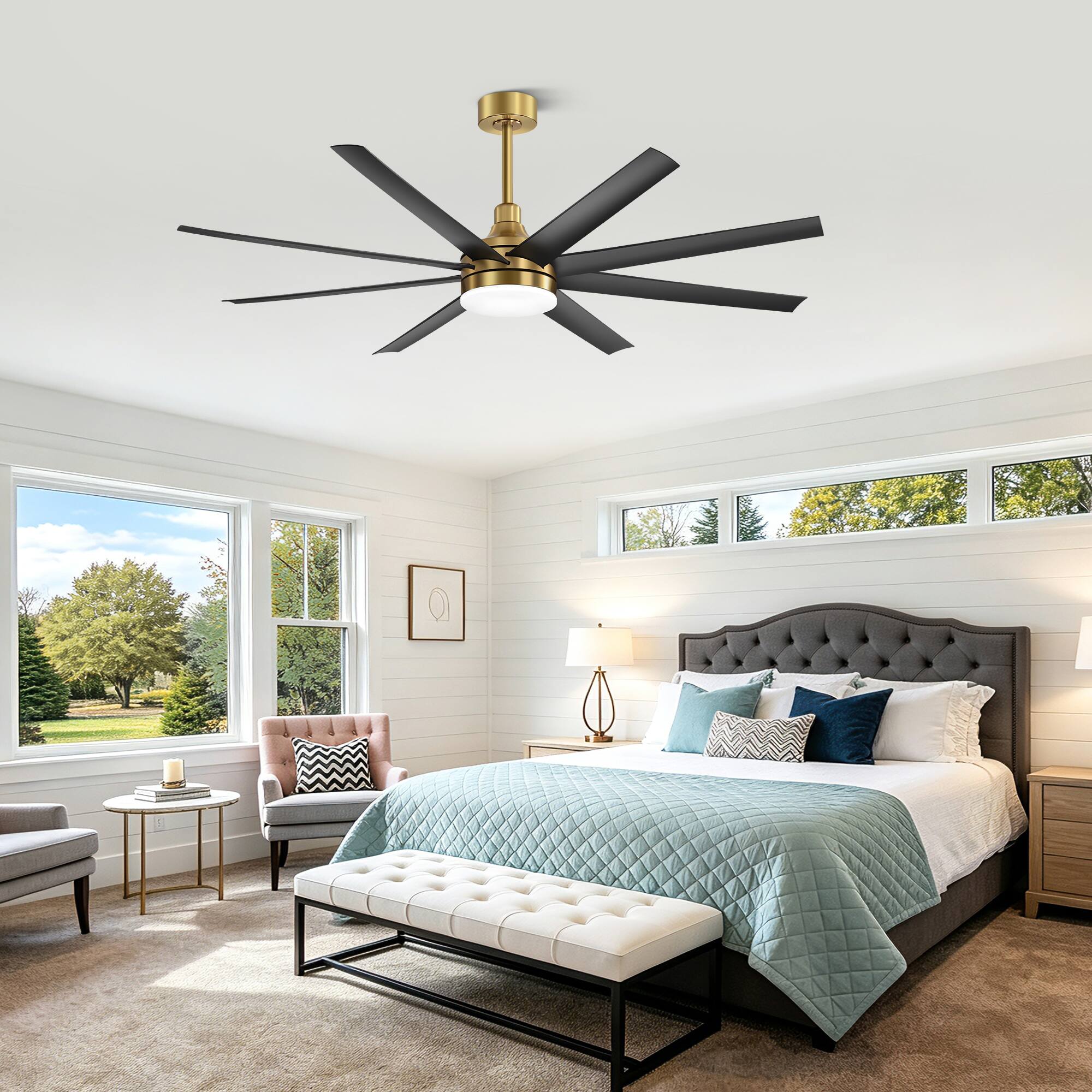 Alt View 1. Breezary - 65-Inch Ceiling Fan with 8 ABS Blades, 6-Speed DC Motor, Remote Control with Timer, 2 Downrods, Light/No-Light Options - Gold and Black (With Light).
