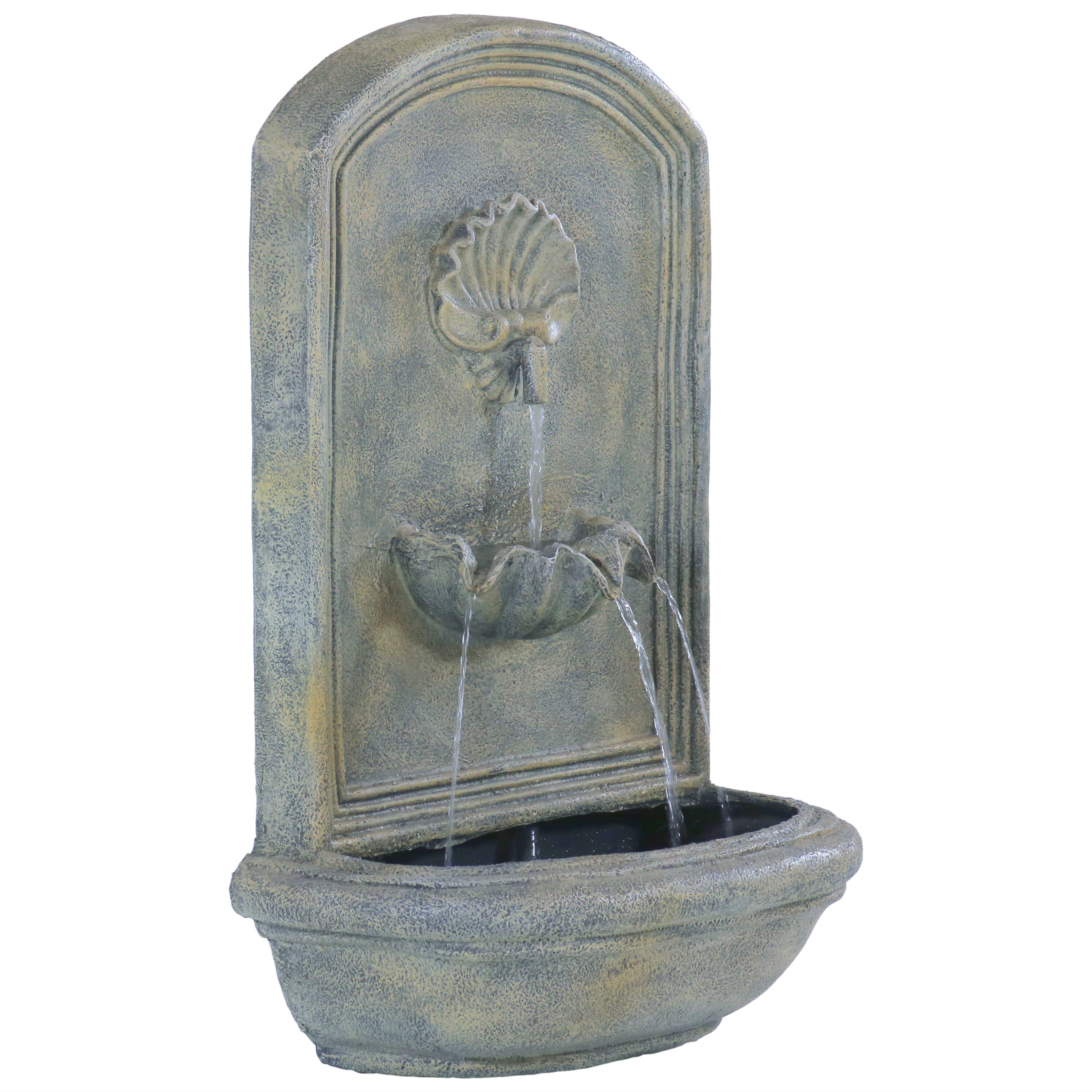 Front. Sunnydaze - Seaside Outdoor Solar Wall Fountain with Battery - French Limestone.