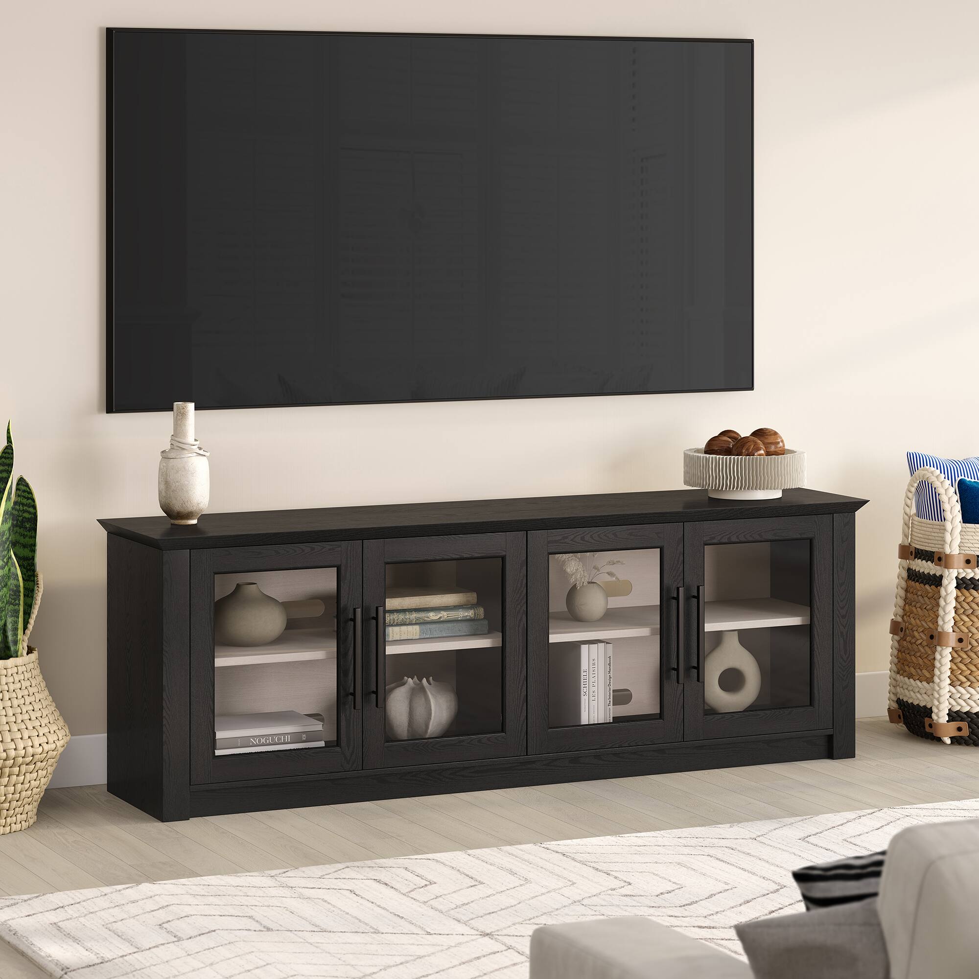 Alt View 3. Hudson&Canal - Thornwell Rectangular TV Stand for TV's up to 78" with Glass Doors in Black Grain/Alder White - Black Grain/Alder White.
