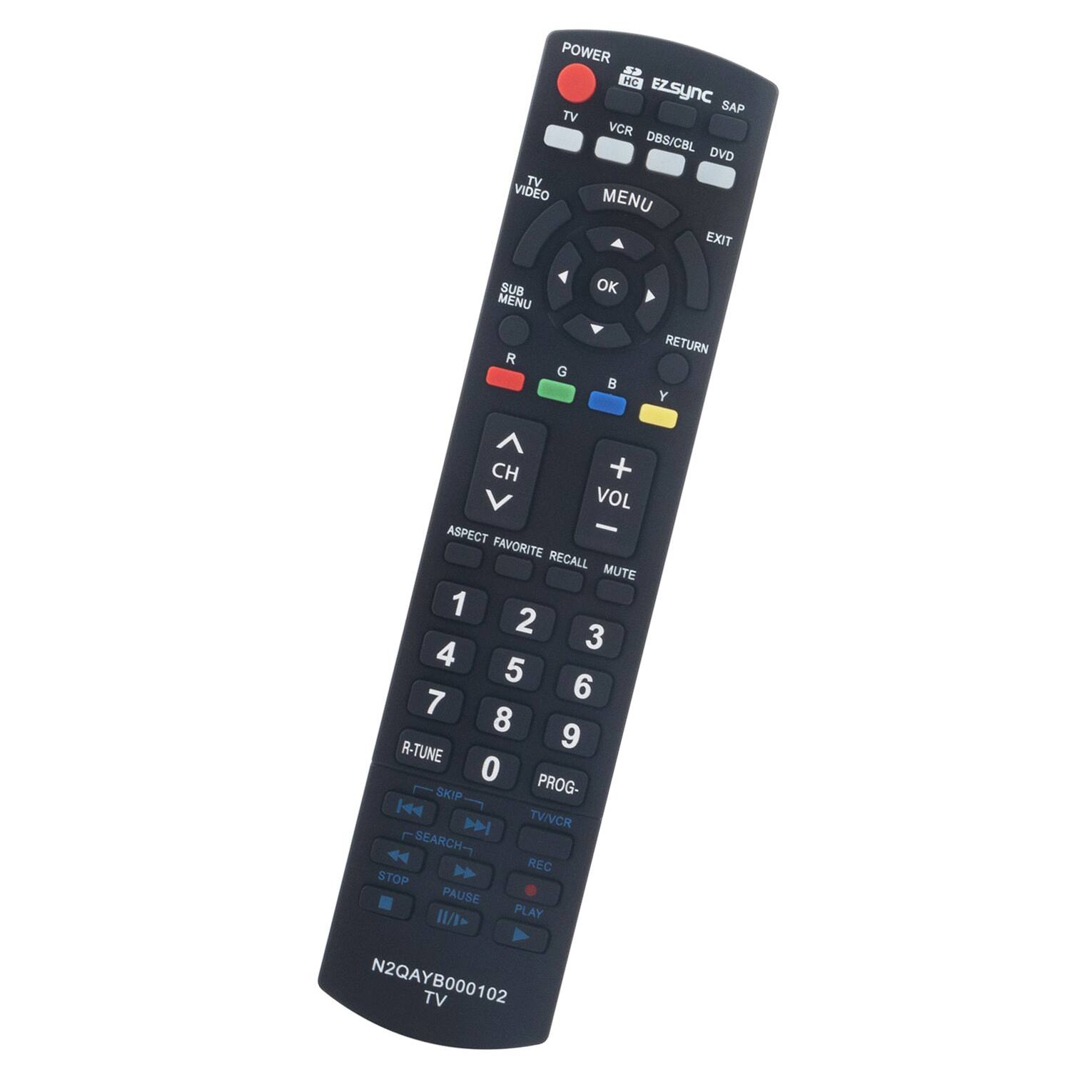POWER HC EzSync SAP TV VCR DBS/CBL DVD TV VIDEO MENU EXIT SUB MENU OK R G  RETURN Y CH + VOL - ASPECT FAVORITE RECALL MUTE 1 2 3 4 5 6 7 8 R-TUNE 9 0 SKIP PROG- TV/VCR SEARCH REC STOP PAUSE PLAY N2QAYB000102 TV