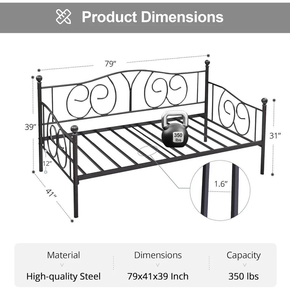 Product Dimensions: 79", 39", 31", 12", 41", 1.6"
Material: High-quality Steel
Dimensions: 79x41x39 Inch
Capacity: 350 lbs