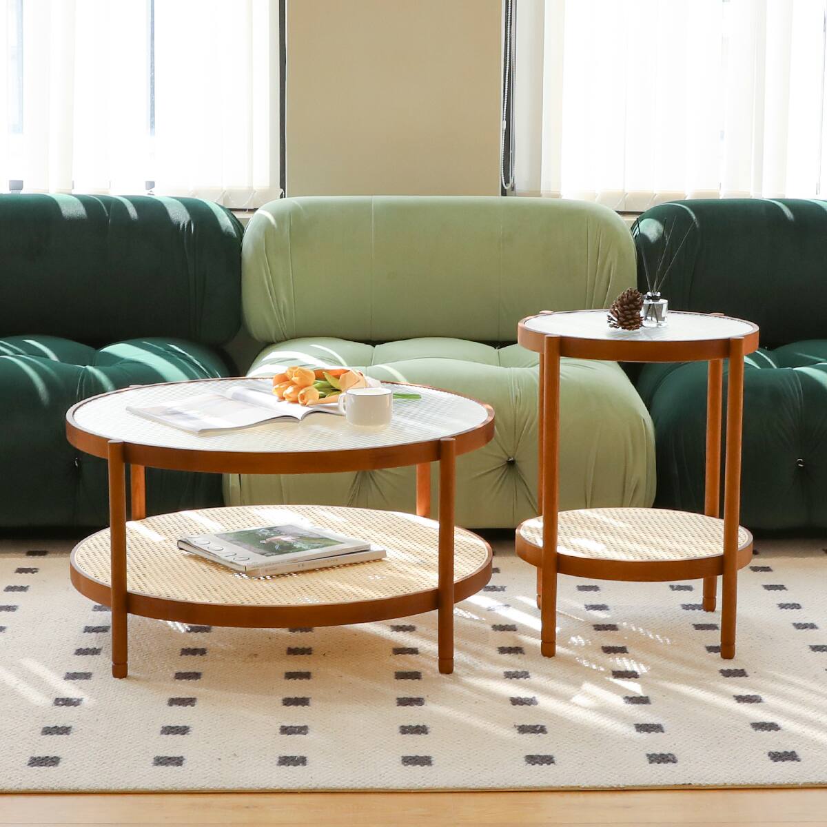 Alt View 6. Ecooso - Modern Farmhouse Nesting Coffee Table Set: 1 Large + 1 Small Round Table - Brown.
