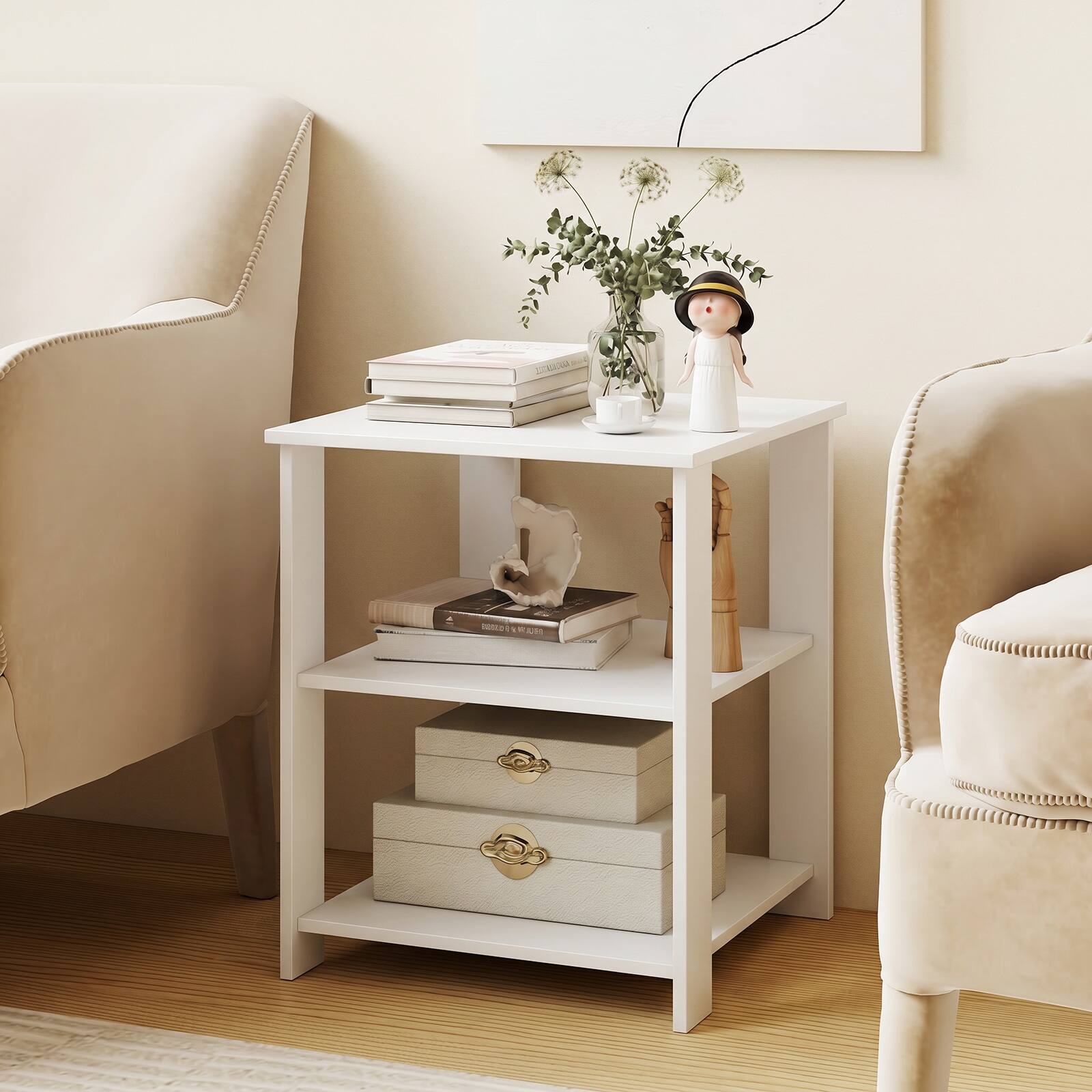 Alt View 3. Gymax - Gymax 2PCS 3-Tier End Table Square Side Table w/Open Storage Shelves for Living Room White - White.