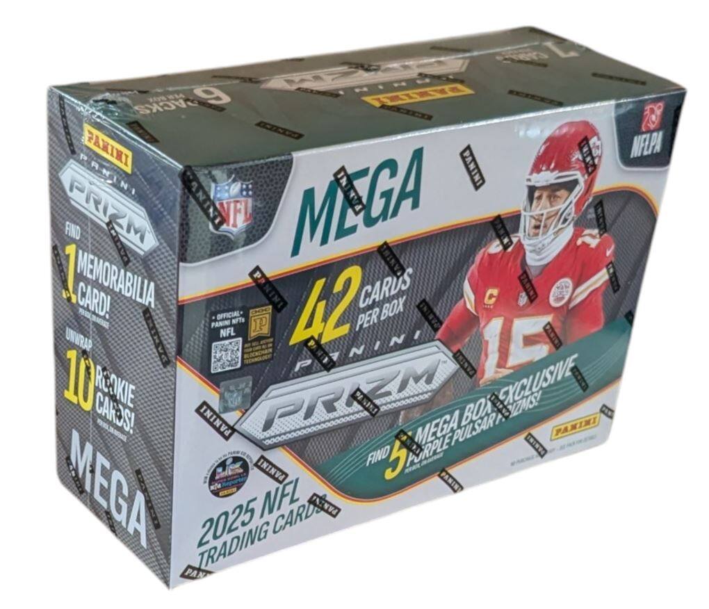 Mega Prizm 2025 NFL Trading Cards

- 42 Cards Per Box
- 10 Rookie Cards!
- 1 Memorabilia Card!
- Find 5 Purple PulSar Cards!
- Mega Box Exclusive VZMS!
- Official NFLPA Licensed
- Panini NFTs
- Panini Mega Box