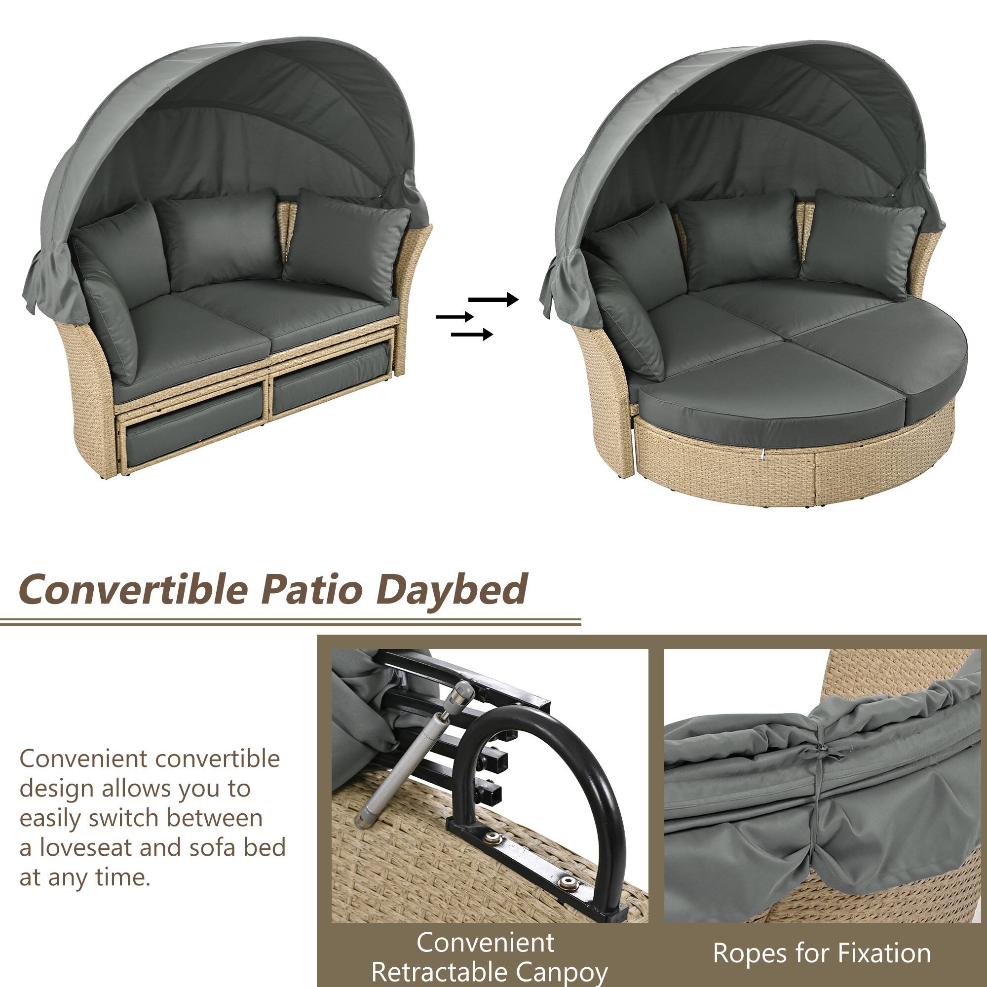 Convertible Patio Daybed

Convenient convertible design allows you to easily switch between a loveseat and sofa bed at any time.

Convenient Retractable Canopy

Ropes for Fixation