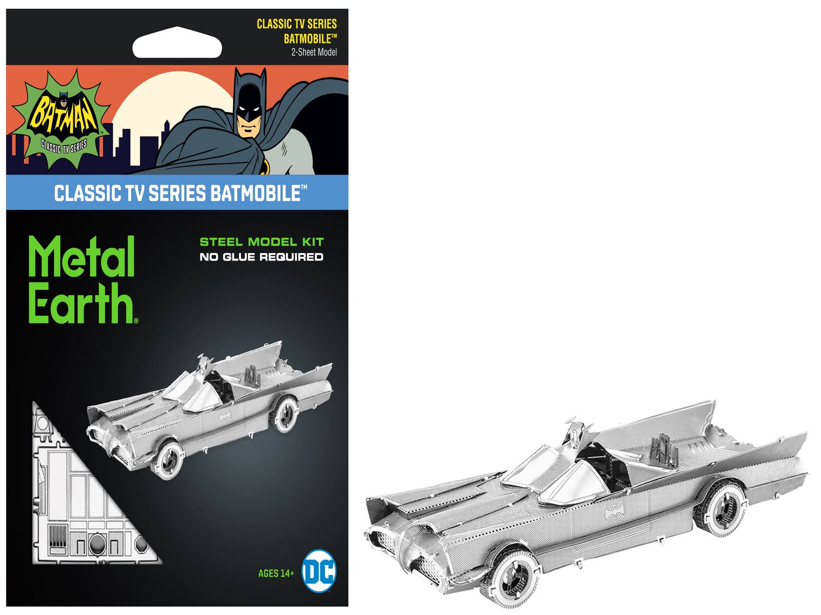 CLASSIC TV SERIES BATMOBILE™  
2-Sheet Model!  

BATMAN  
CLASSIC TV SERIES  

CLASSIC TV SERIES BATMOBILE™  
Metal Earth®  
STEEL MODEL KIT  
NO GLUE REQUIRED  
AGES 14+  

DC