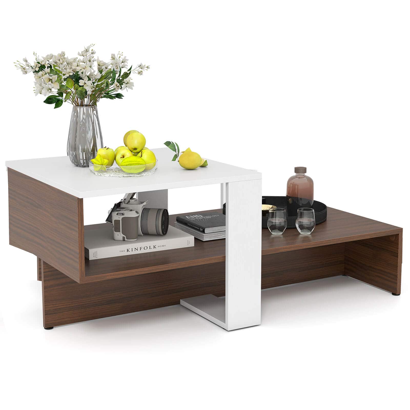 Costway - 2-Tier Geometric Coffee Table Center Table with Storage Shelves Home Modern - Brown