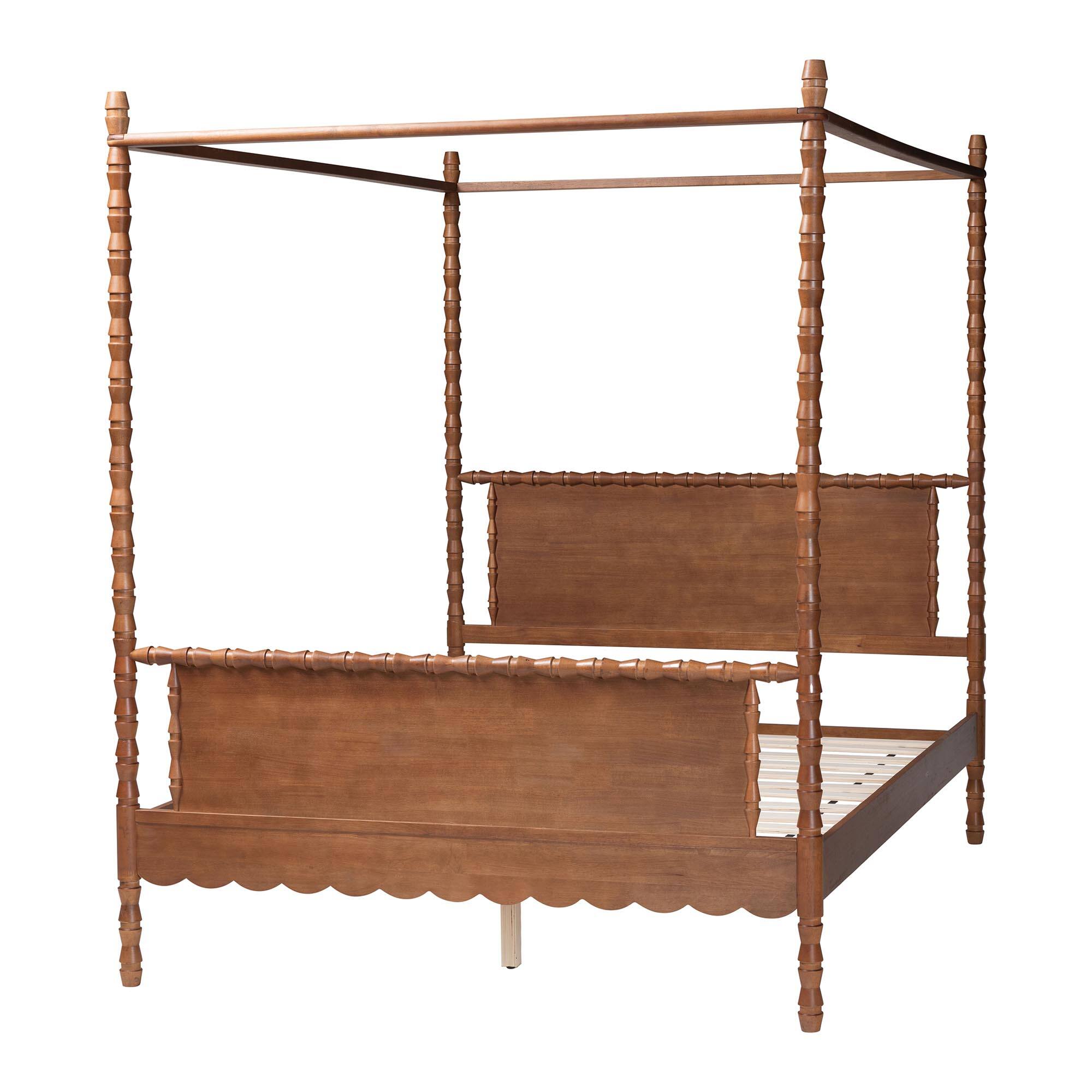 Left. Baxton Studio - Danette Bobbin Wood Canopy Bed, Queen - Walnut Brown.