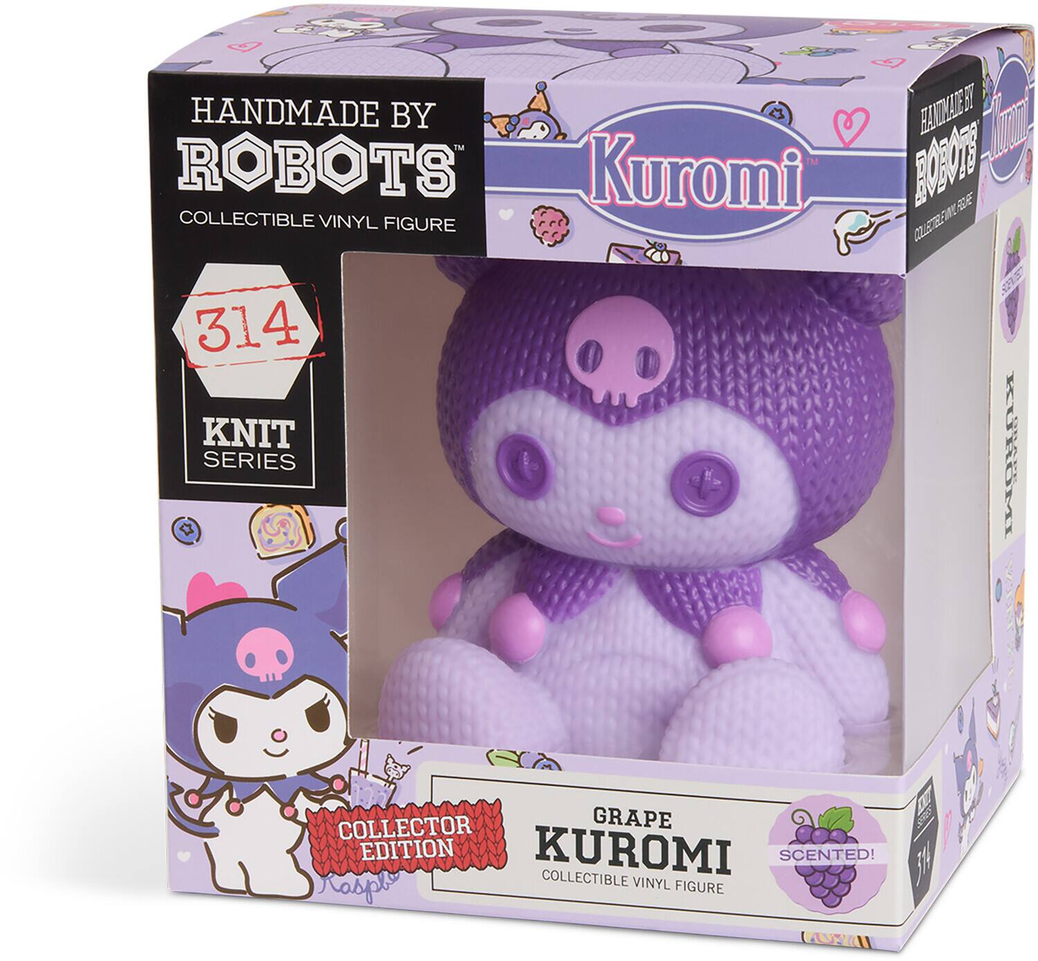 HANDMADE BY ROBOTS  
COLLECTIBLE VINYL FIGURE  

314  
KNIT SERIES  

Kuromi  
COLLECTOR EDITION  

GRAPE KUROMI  
SCENTED!  
COLLECTIBLE VINYL FIGURE
