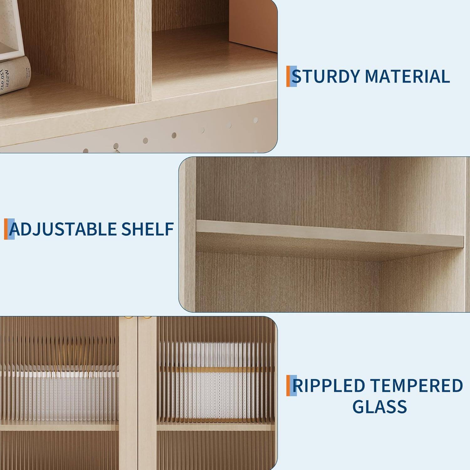 1. STURDY MATERIAL
2. ADJUSTABLE SHELF
3. RIPPLED TEMPERED GLASS