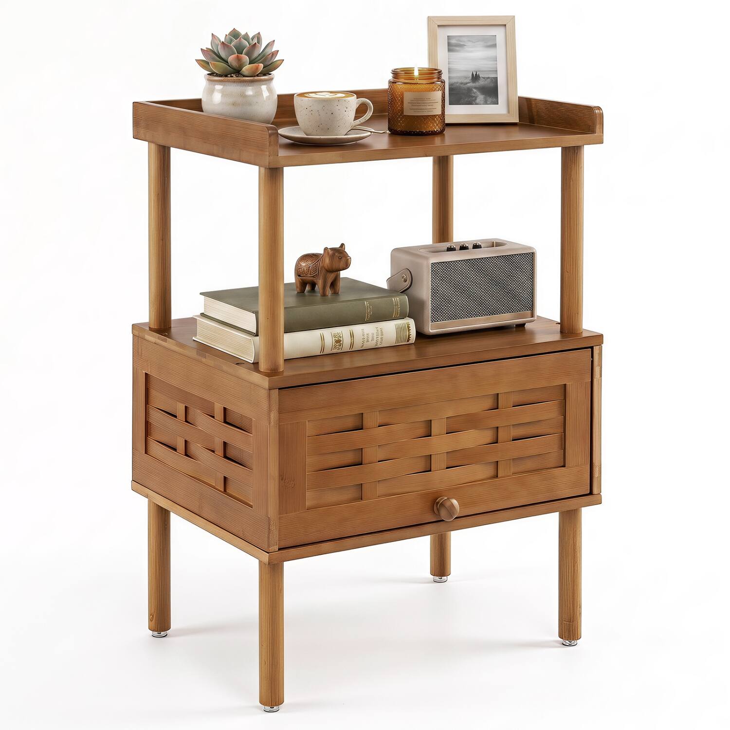 Left. WELLFOR - Bamboo Rattan Nightstand with Raised Edge Flip-Up Door and Open Shelf - Walnut.