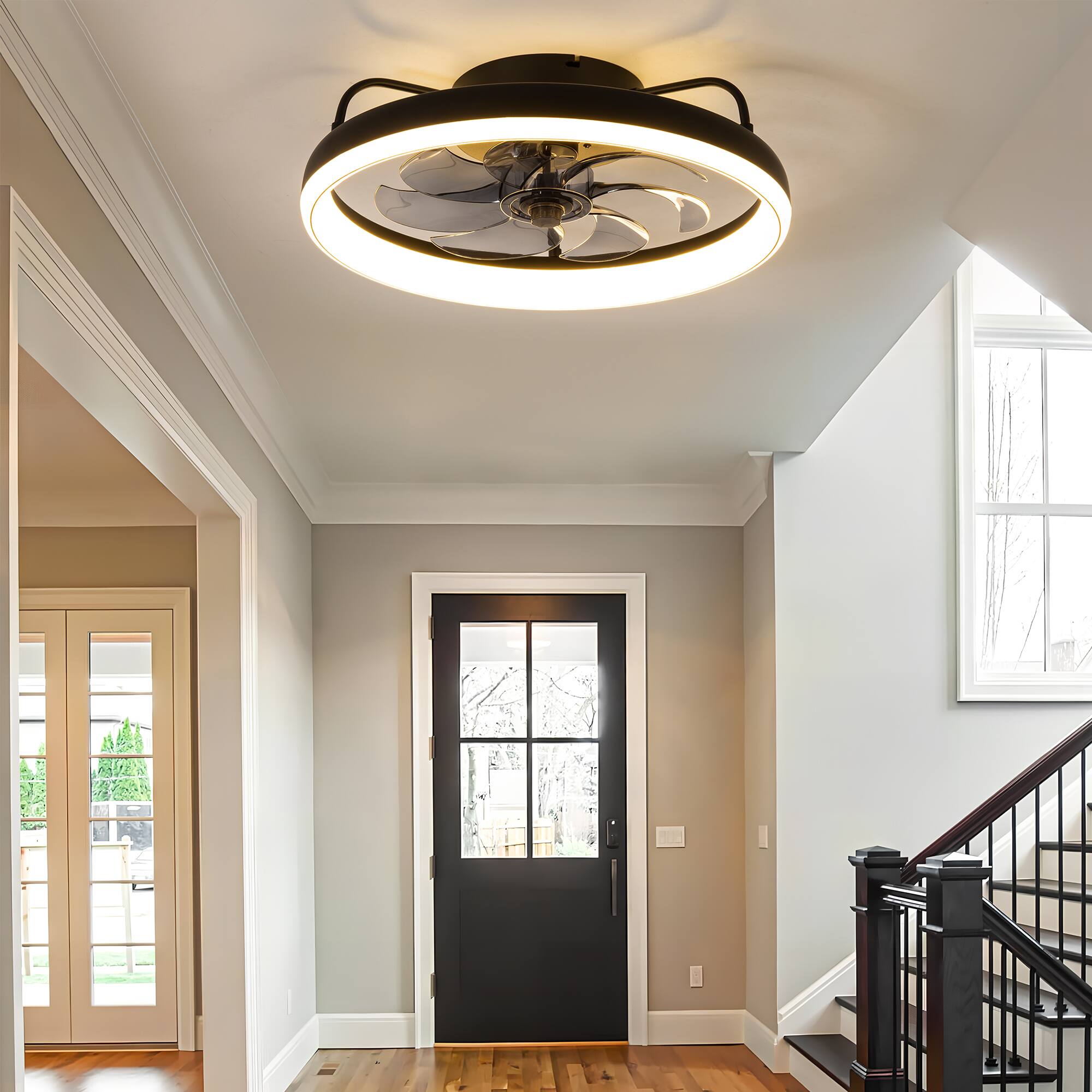 Alt View 2. Breezary - 19-Inch Indoor Caged Ceiling Fan with 7 PC Blades, 3-Color Light, 6-Speed DC Motor with Remote&Memory Function - Matte Black.