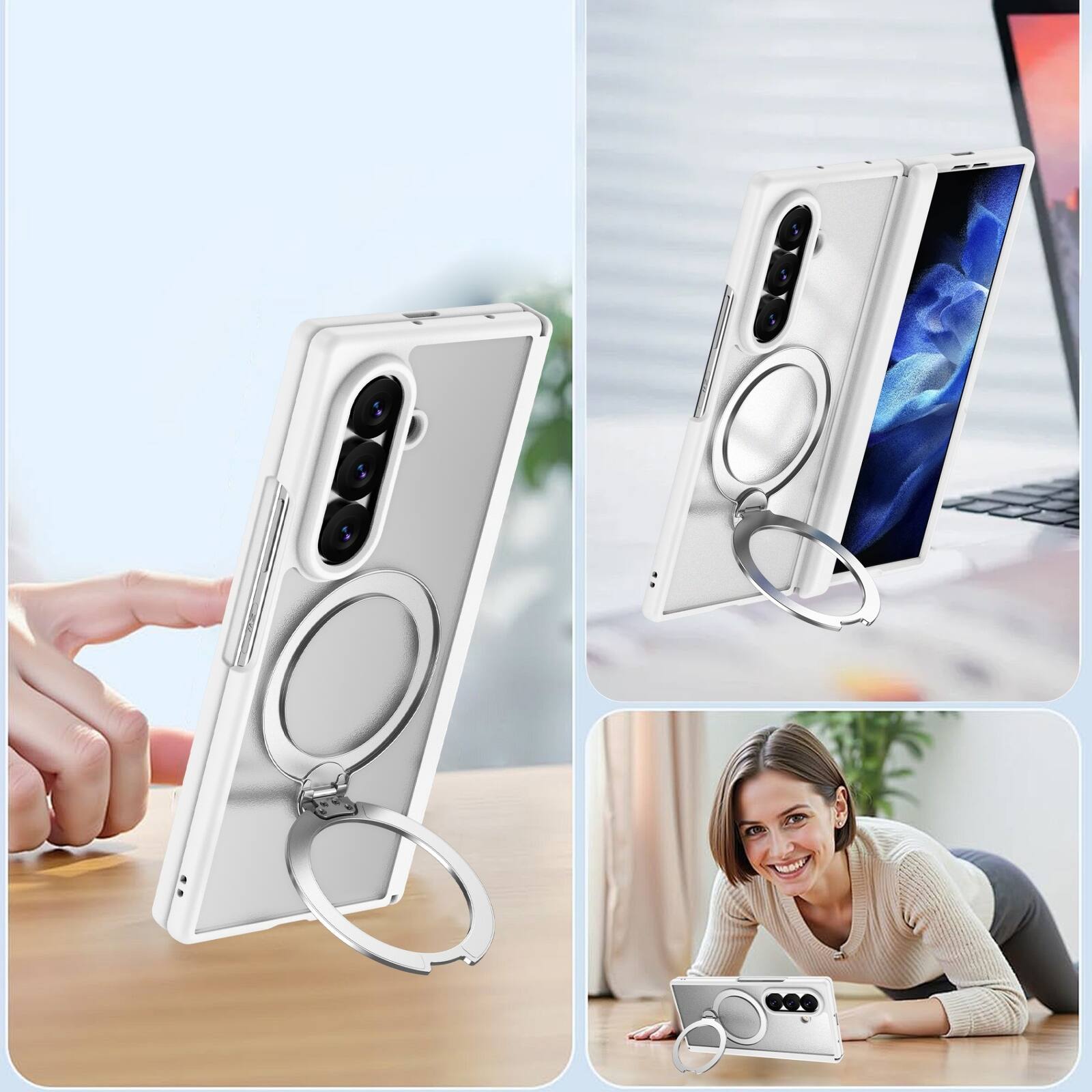 Alt View 2. Dteck - For Samsung Galaxy Z Fold 7 Magnetic Case Built-in Screen Protector,Shockproof Ring Stand Clear Back Hinge Protect Cover - White.