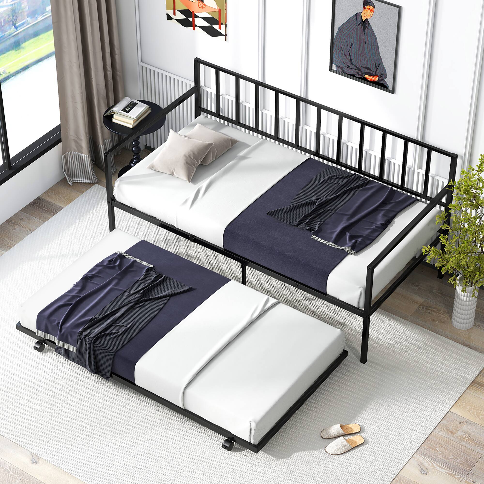 Alt View 3. Gymax - Gymax Twin Metal Daybed Sofa Bed with Trundle & Lockable Casters for Living Room - Black.