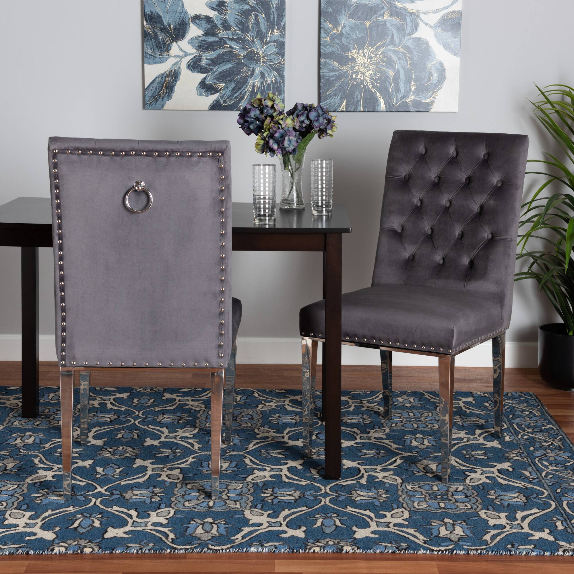 Alt View 4. Baxton Studio - Caspera Contemporary Glam and Luxe Velvet Fabric and Silver Metal 2-Piece Dining Chair Set - Grey/Silver.