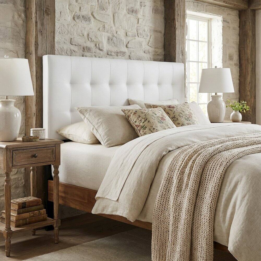 Angle. FurniFact - Upholstered Vinyl Queen Headboard with Durable Padding and Sleek Design - White.