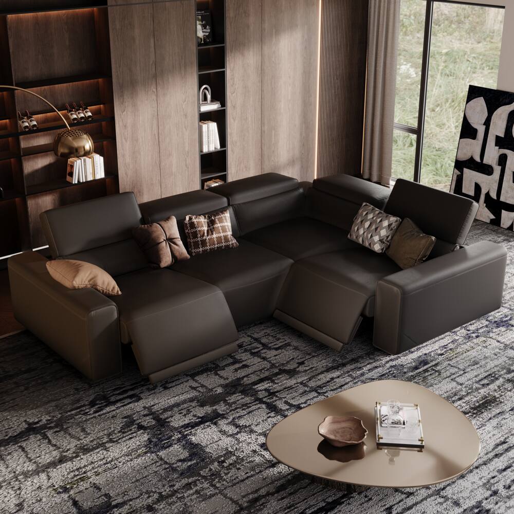 Angle. POVISON - 111.02"Power Corner Sofa L-shaped Electric Reclining Couch, 2 Extendable Recliners, USB Charging, Khaki - Black Sustainable Leather.