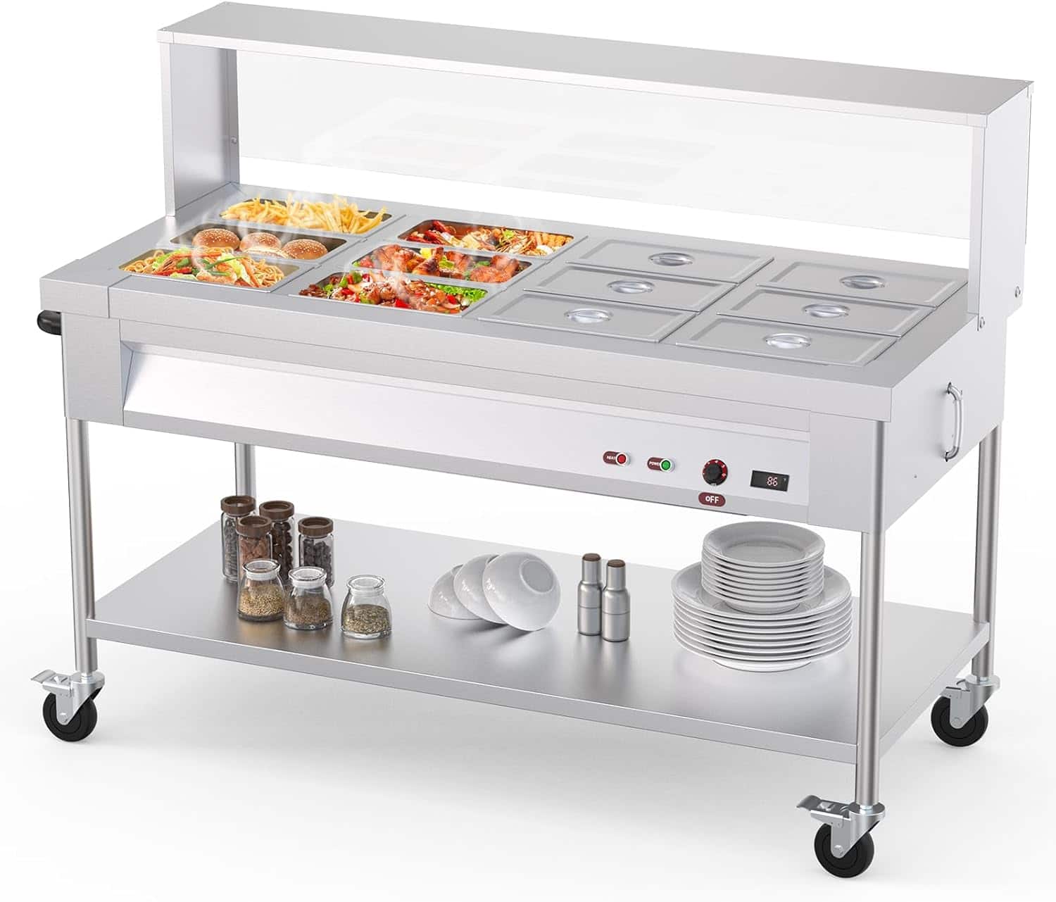 GARVEE - Commercial Food Warmer, 1500W Electric Steam Table with Acrylic Guard, 12-Pan Stainless Steel Steam Table Food Warmer - Silver