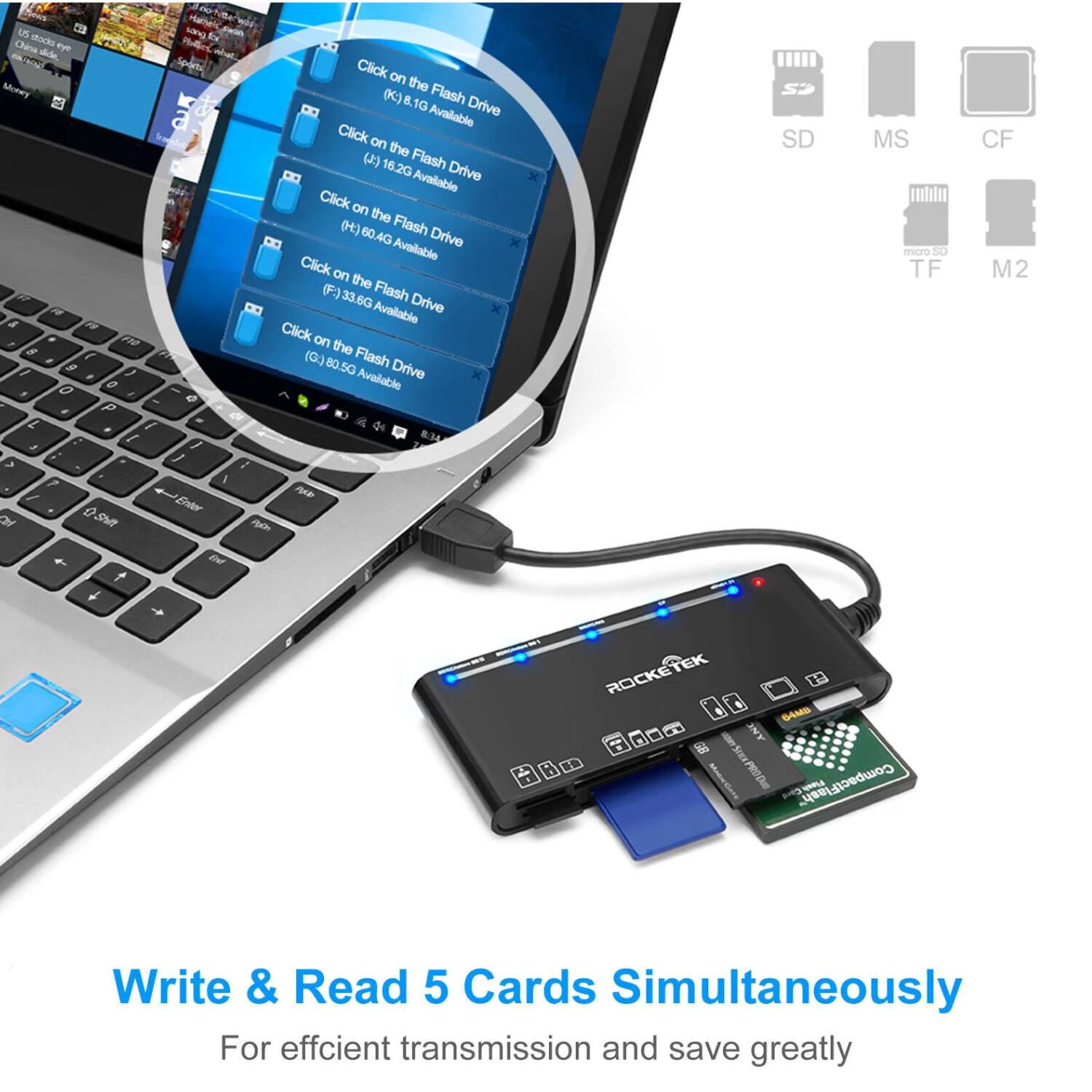 Sure, here is the corrected and grouped text:

---

**ROCKETEK G4MB ANC**

**CompactFlash**

**Write & Read 5 Cards Simultaneously**

For efficient transmission and save greatly

---

**Flash Drive Options:**

- Click on the Flash Drive (K) 8.1G Available
- Click on the Flash Drive (J) 16.2G Available
- Click on the Flash Drive (F) 60.4G Available
- Click on the Flash Drive (F) 33.6G Available
- Click on the Flash Drive (G) 80.5G Available

---

**Supported Card Types:**

- SD
- MS
- CF
- micro SD (TF)
- M2

---