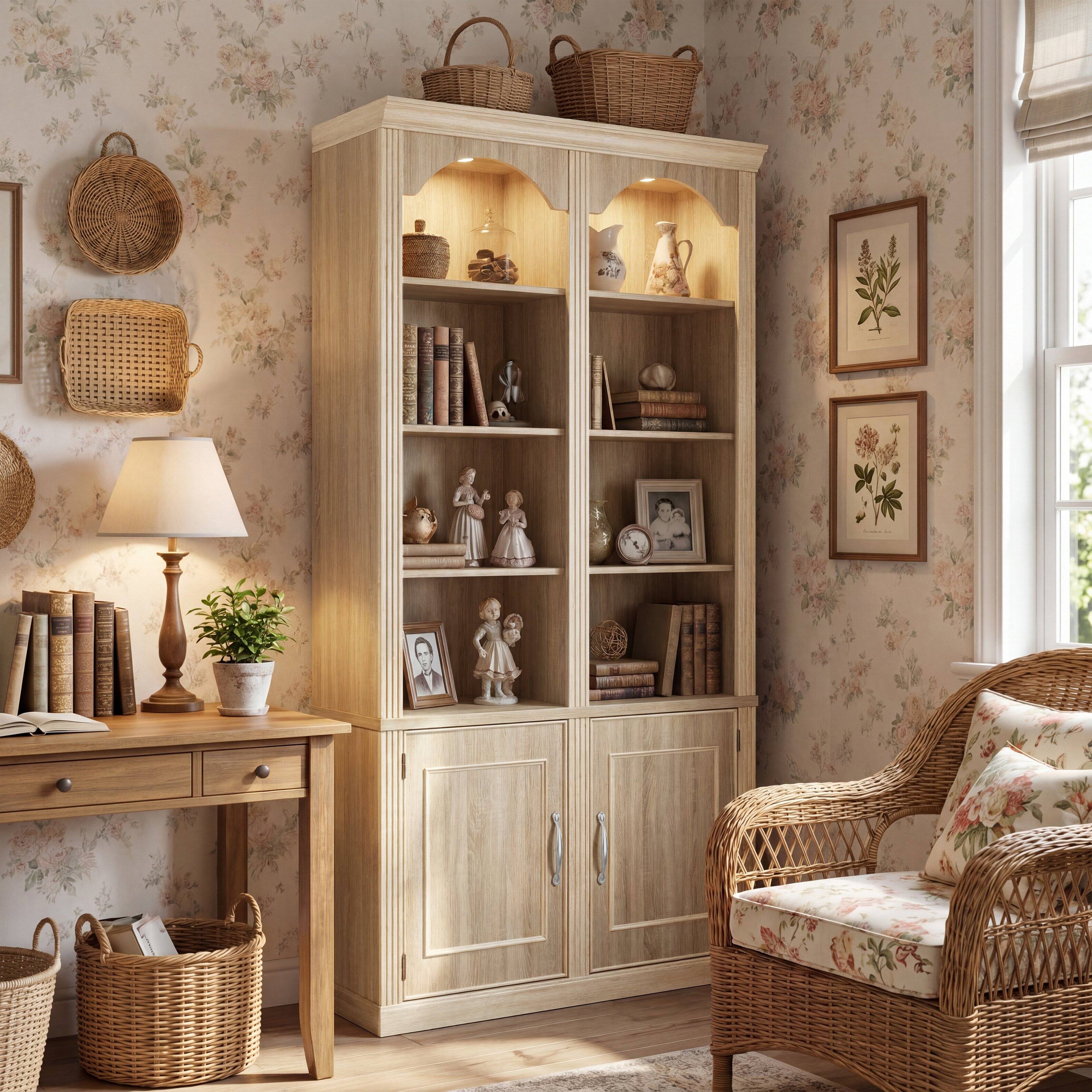 Left. FUFU & GAGA - Tall Arched Display Cabinet with LED Lights, Wooden Bookcase with Storage Doors, 43" Wide Cabinet for Home Office - Light Oak.