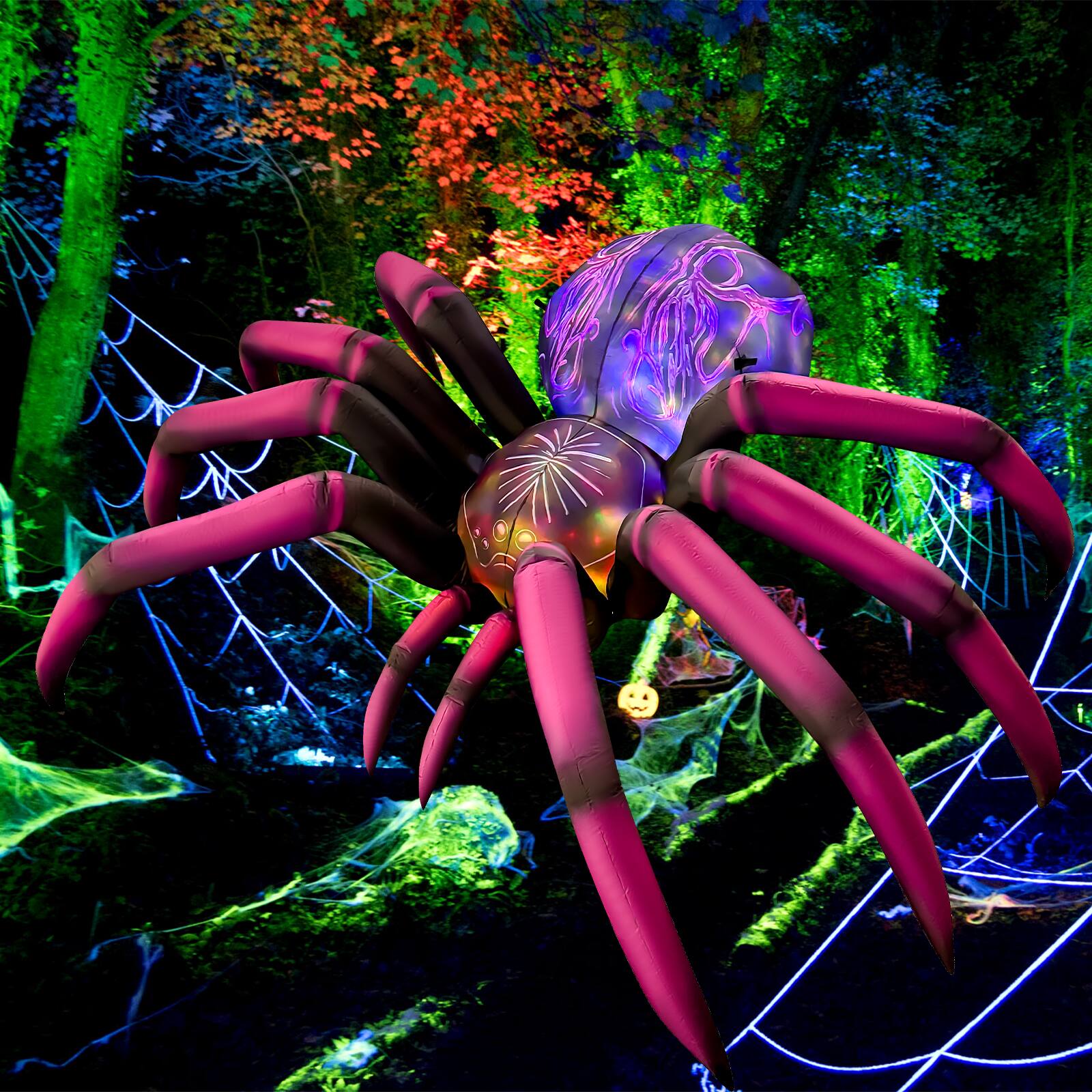 Left. GOOSH Inflatables - GOOSH 9FT Inflatable Halloween Spider – Light-Up Creepy Yard Decoration - Purple.