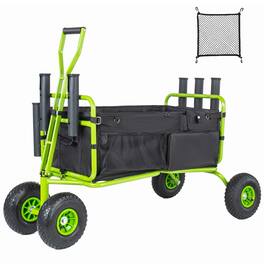 Loheer - Collapsible Fishing Cart with Nine Inch All Terrain Wheels, Steel Beach Wagon with Rod Holders, Green and Black