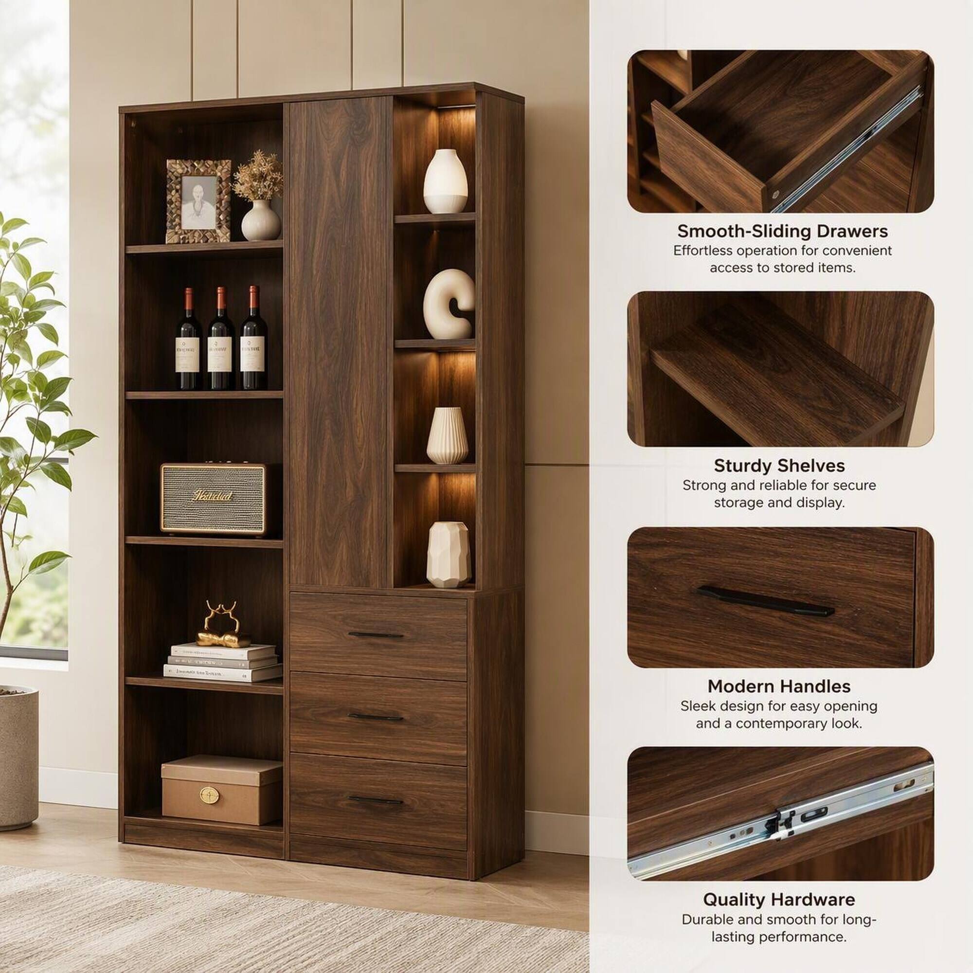 Smooth-Sliding Drawers  
Effortless operation for convenient access to stored items.

Sturdy Shelves  
Strong and reliable for secure storage and display.

Modern Handles  
Sleek design for easy opening and a contemporary look.

Quality Hardware  
Durable and smooth for long-lasting performance.