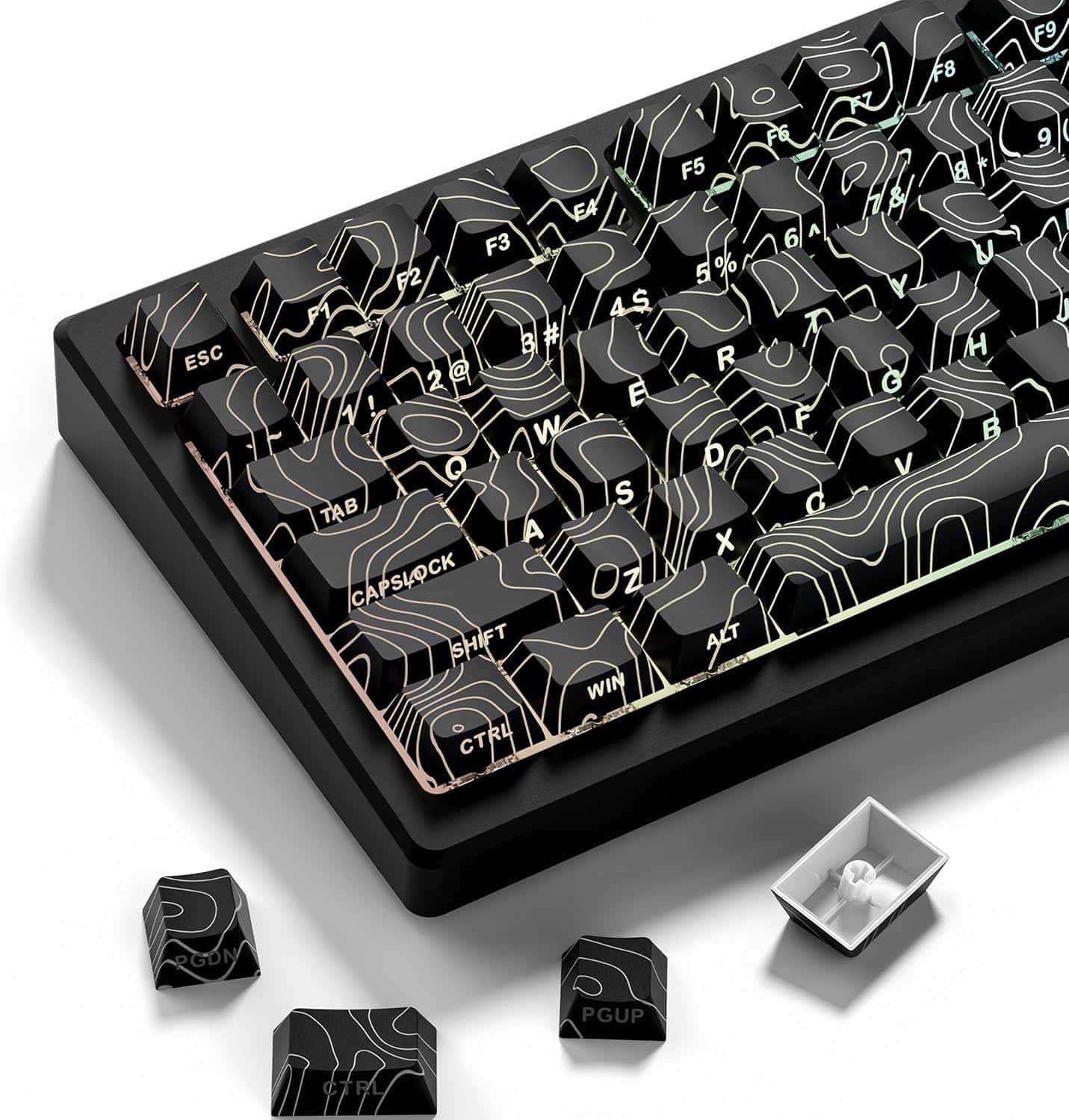Womier - Double Shot PBT keycaps,Topographic Keys Cherry Profile Key caps for All US Layout Mechanical Keyboardd - Black