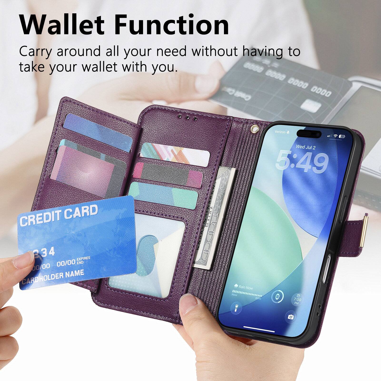 Wallet Function  
Carry around all your needs without having to take your wallet with you.

CREDIT CARD  
234  
00/00 00/00 EXPIRES  
CARDHOLDER NAME  
Rain RaNow Now  
***************19  

Verizon  
Wed Jul 2  
5:49 PM  
Rain Now  
7:00 PM