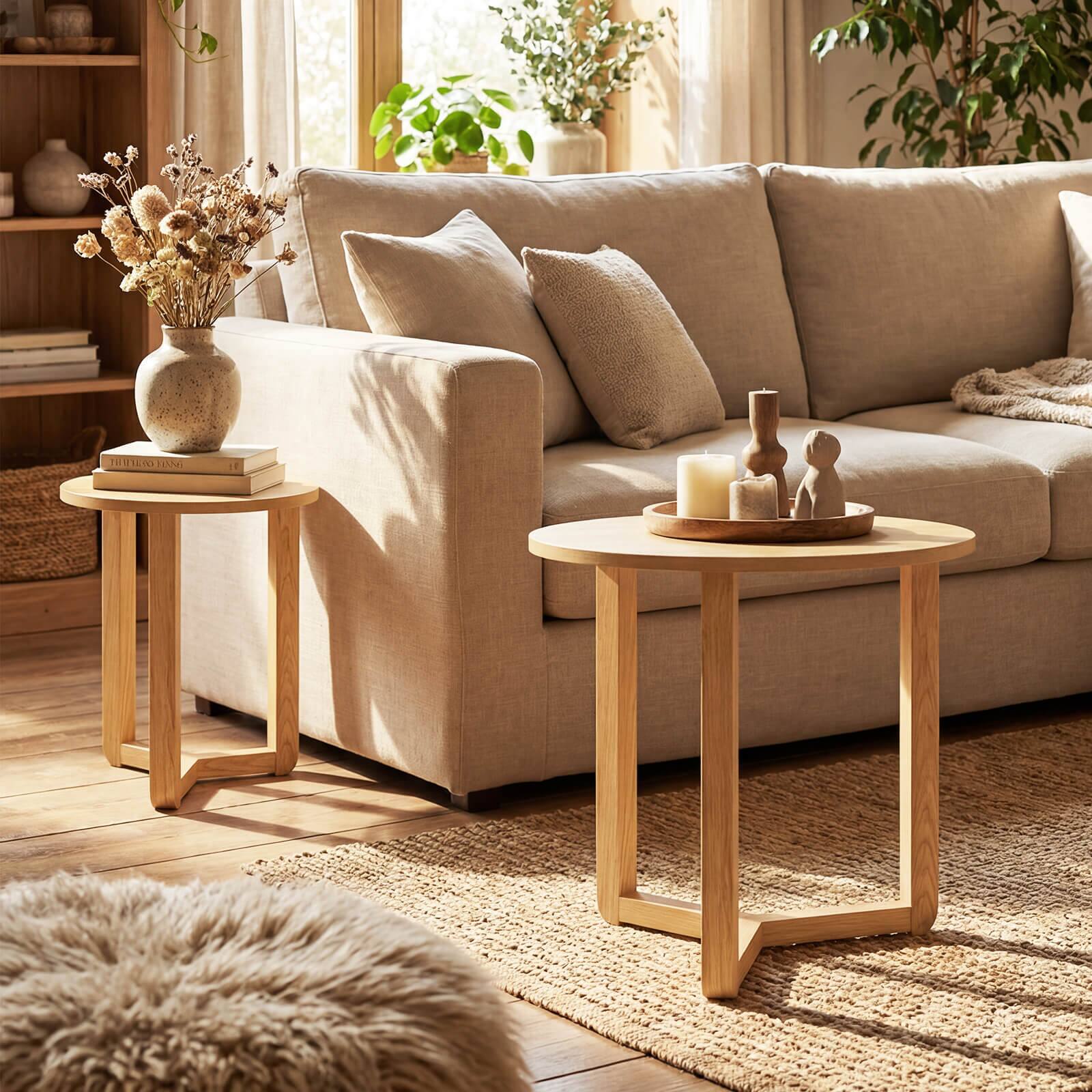 Alt View 3. Costway - Costway Round Nesting Coffee Table Set of 2 with Thickened Top & Solid Rubber Wood Legs - Natural.