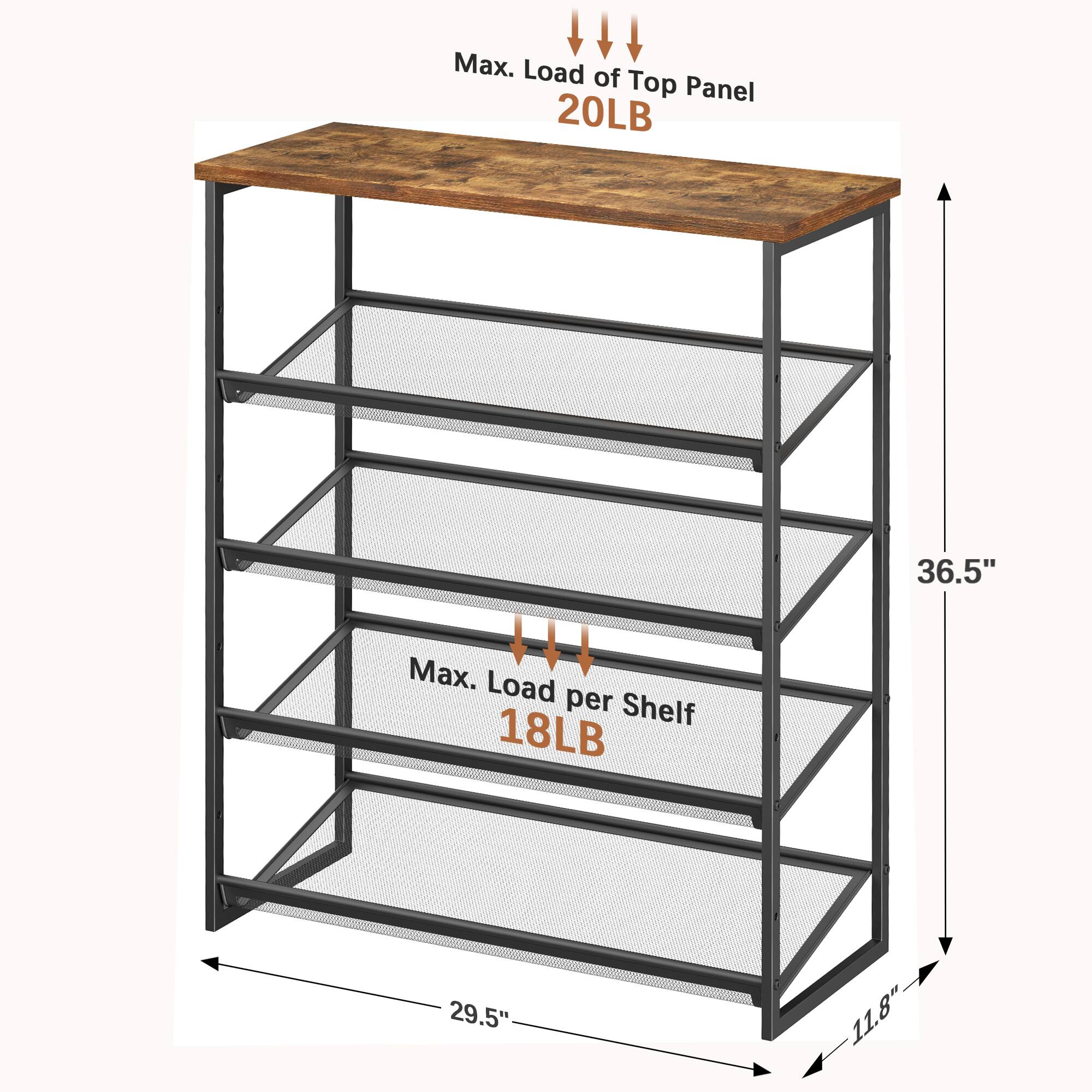 Max. Load of Top Panel: 20LB  
Max. Load per Shelf: 18LB  
Dimensions:  
- Height: 36.5"  
- Width: 29.5"  
- Depth: 11.8"