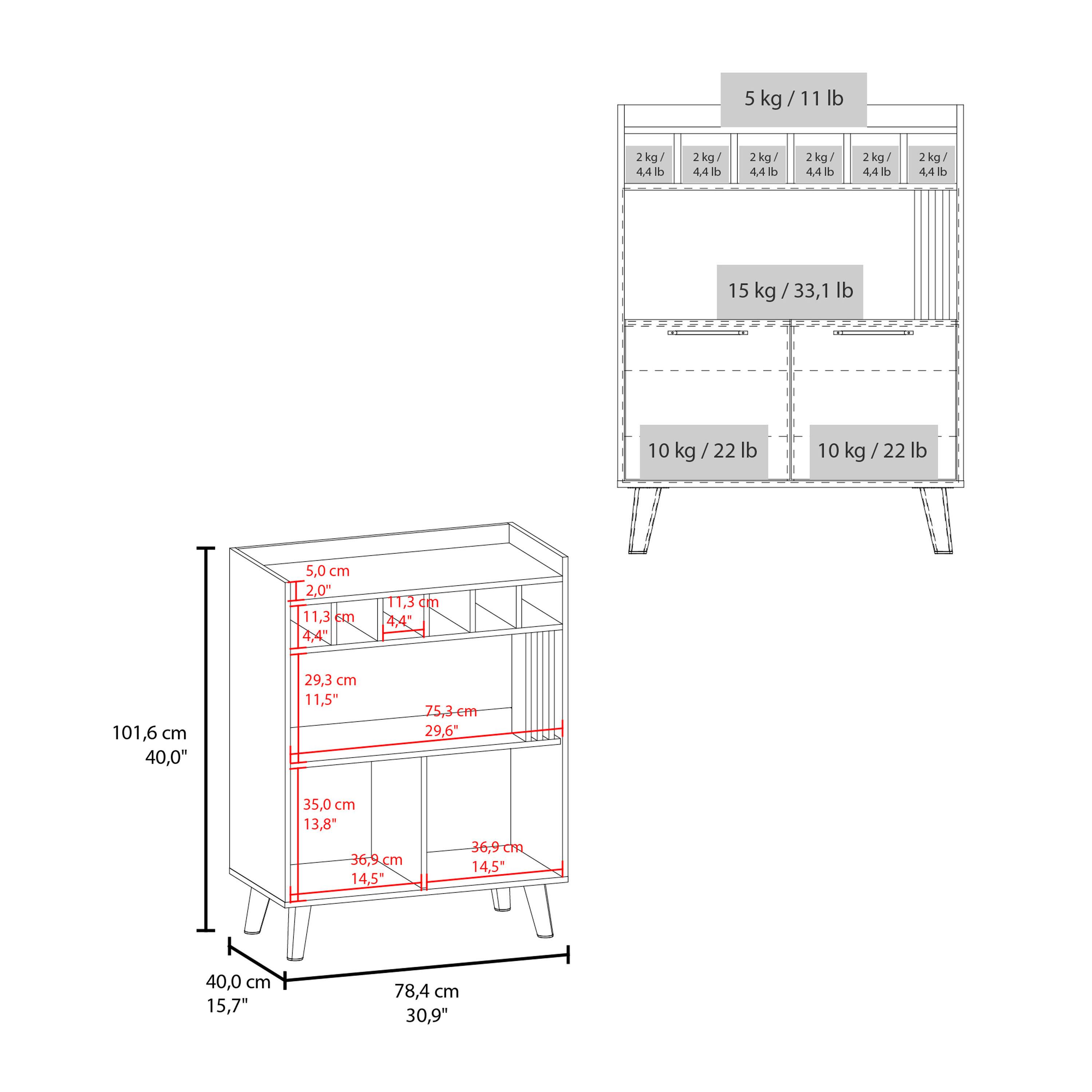 Sure, here is the corrected and grouped text:

- **Top Shelf:**
  - 5 kg / 11 lb
  - 2 kg / 4.4 lb (repeated four times)

- **Middle Shelf:**
  - 15 kg / 33.1 lb

- **Bottom Shelf:**
  - 10 kg / 22 lb (repeated twice)

- **Dimensions:**
  - 101.6 cm / 40.0"
  - 78.4 cm / 30.9"
  - 40.0 cm / 15.7"
  - 5.0 cm / 2.0"
  - 11.3 cm / 4.4"
  - 29.3 cm / 11.5"
  - 75.3 cm / 29.6"
  - 35.0 cm / 13.8"
  - 36.9 cm / 14.5"
  - 40.0 cm / 15.7"