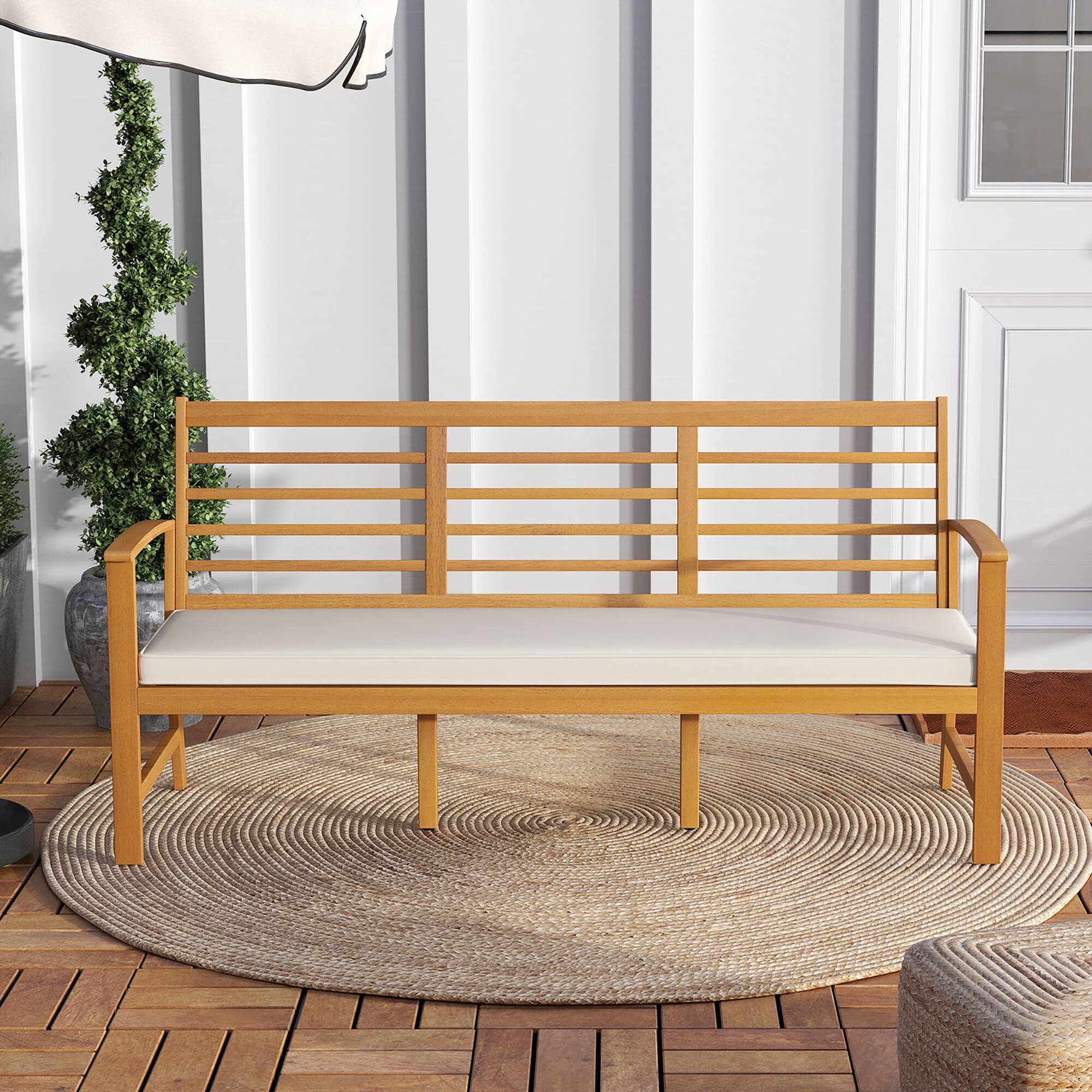 Alt View 3. Gymax - Gymax 3-Seat Patio 64 Inch Wood Bench w/ Seat Cushion Slatted Seat & Backrest Outdoor - Off White.