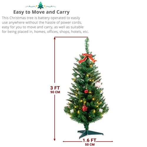Easy to Move and Carry

This Christmas tree is battery operated to easily use anywhere without the hassle of power cords, easy for you to move and carry, as well as suitable for being placed in homes, offices, shops, hotels, etc.

3 FT 90 CM

1.6 FT 50 CM