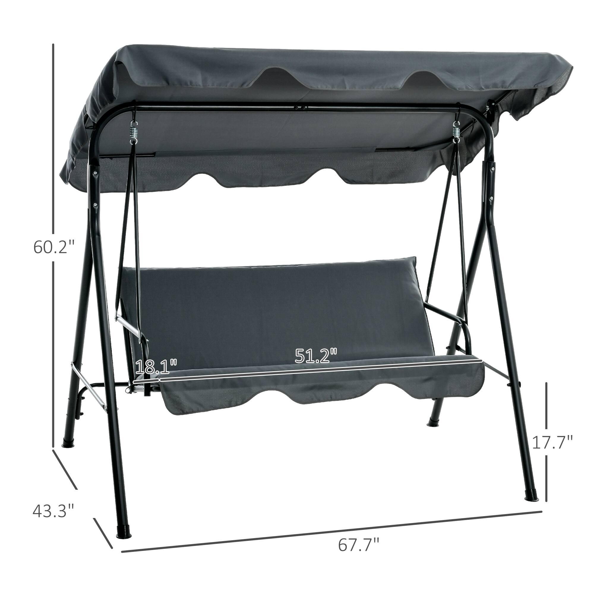 The dimensions of the hammock stand are:

- Length: 67.7"
- Width: 18.1"
- Height: 60.2"
- Seat width: 51.2"
- Seat depth: 17.7"
- Leg width: 43.3"