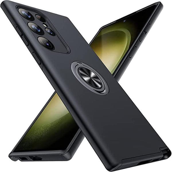 Front. Entronix - Entronix Galaxy S23 Ultra Case with 360° Circular Ring Grip and Kickstand - Black.