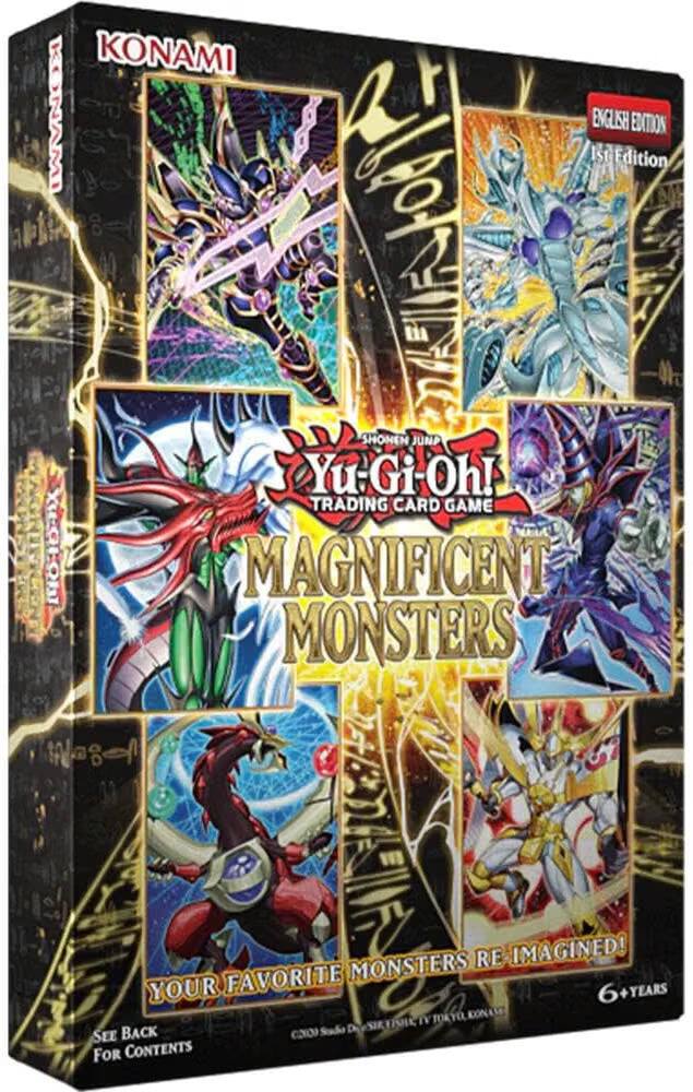 KONAMI ENGLISH EDITION 1st Edition  
SHONEN JUMP  
Yu-Gi-Oh! TRADING CARD GAME  
MAGNIFICENT MONSTERS  

MONSTERS RE-IMAGINED!  
YOUR FAVORITE  
6+ YEARS  
TOKYO, XXXXXXXXX  
TV  
SEE BACK FOR CONTENTS