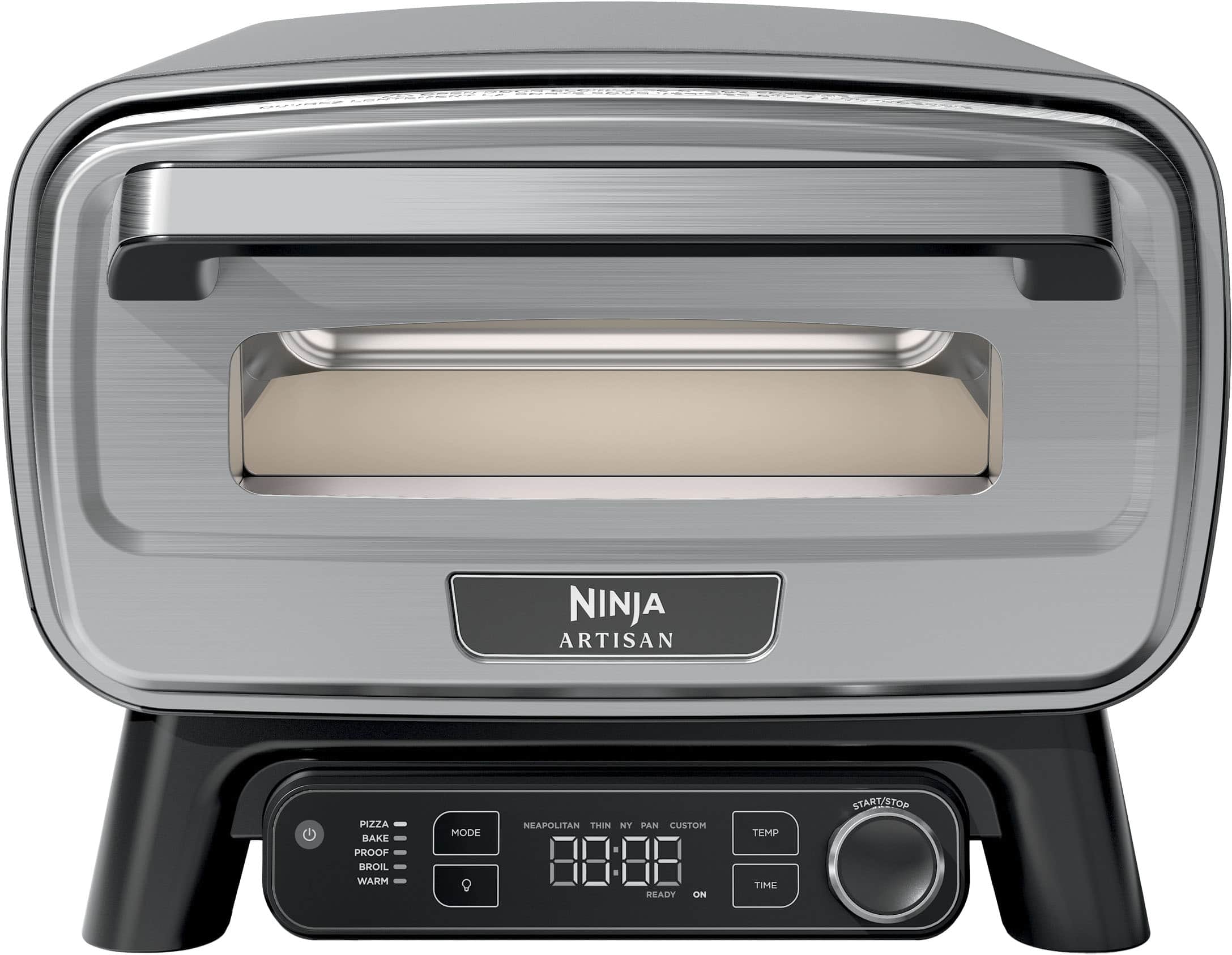 The text on the image reads: "NINJA ARTISAN PIZZA BAKE PROOF BROIL WAHM MODE NEAPOLITAN THIN NY PAN CUSTOM READY ON TEMP TIME START/STOP."
