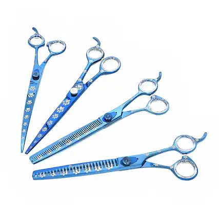 Front. Vulpecula Spade - Professional Dog Grooming Scissors Set of Straight, Curved, Thinner/Blender and Chunker Shears with Paw Prints for Dogs,.