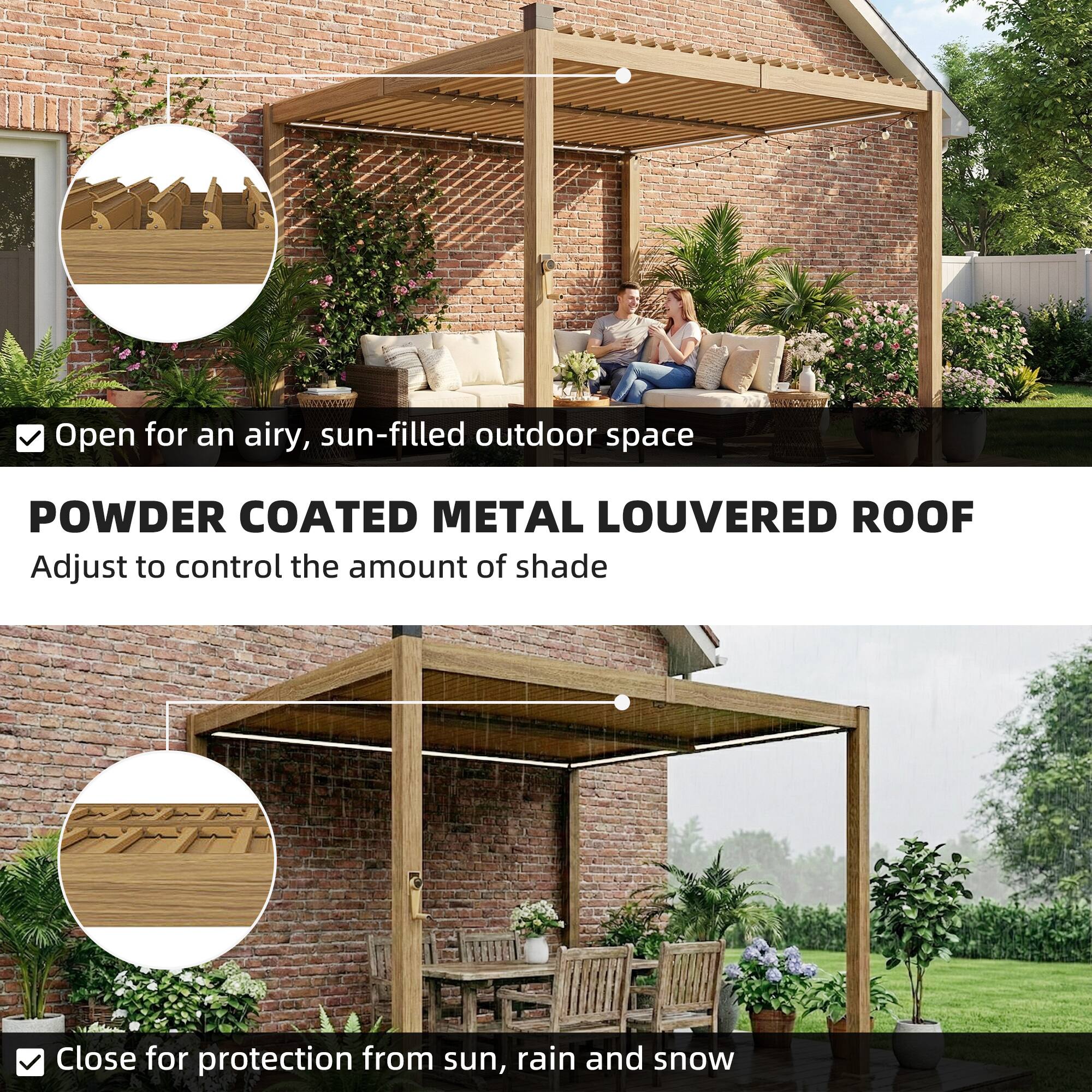 Open for an airy, sun-filled outdoor space

POWDER COATED METAL LOUVERED ROOF

Adjust to control the amount of shade

Close for protection from sun, rain and snow