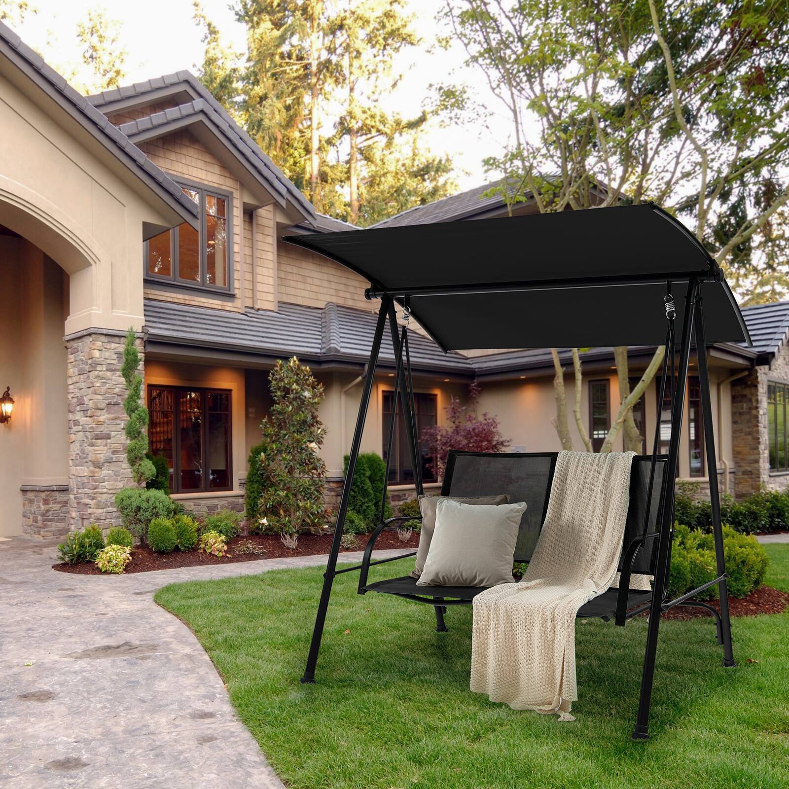 Alt View 1. Costway - Costway 2-Seat Patio Swing Porch Swing with Adjustable Canopy for Garden - Black.