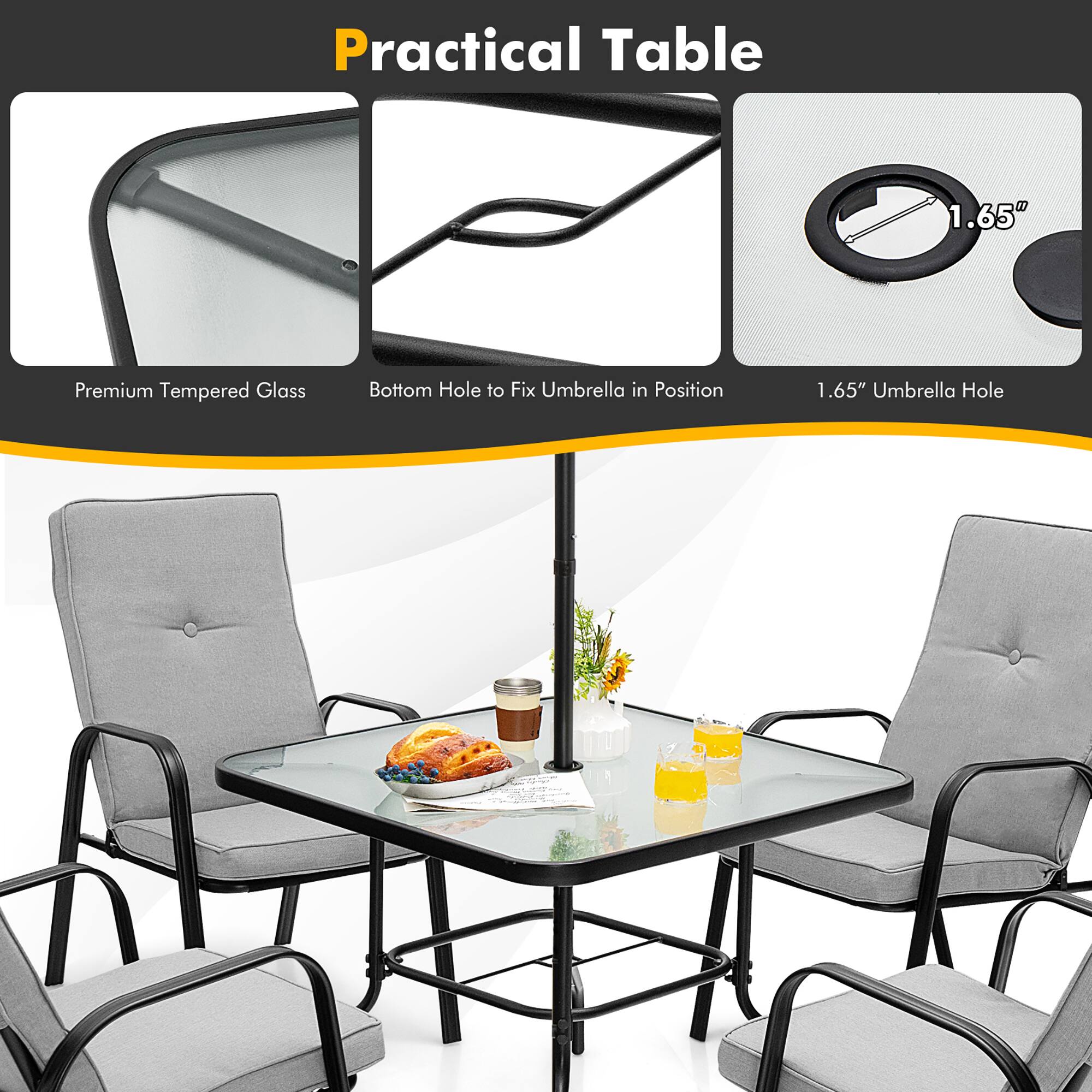 Practical Table

1.65" Umbrella Hole
Premium Tempered Glass
Bottom Hole to Fix Umbrella in Position