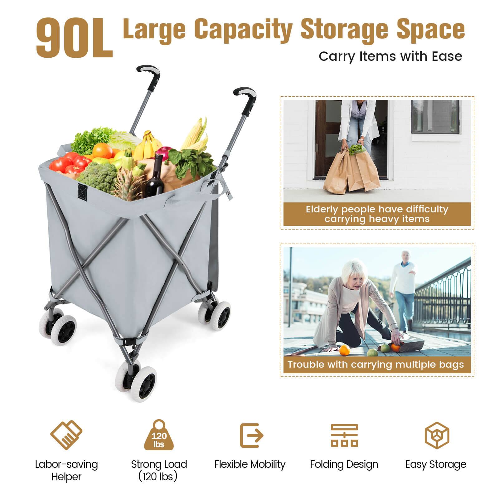 90L Large Capacity Storage Space  
Carry Items with Ease  

Elderly people have difficulty carrying heavy items  
Trouble with carrying multiple bags  

Labor-saving Helper  
Strong Load (120 lbs)  
Flexible Mobility  
Folding Design  
Easy Storage